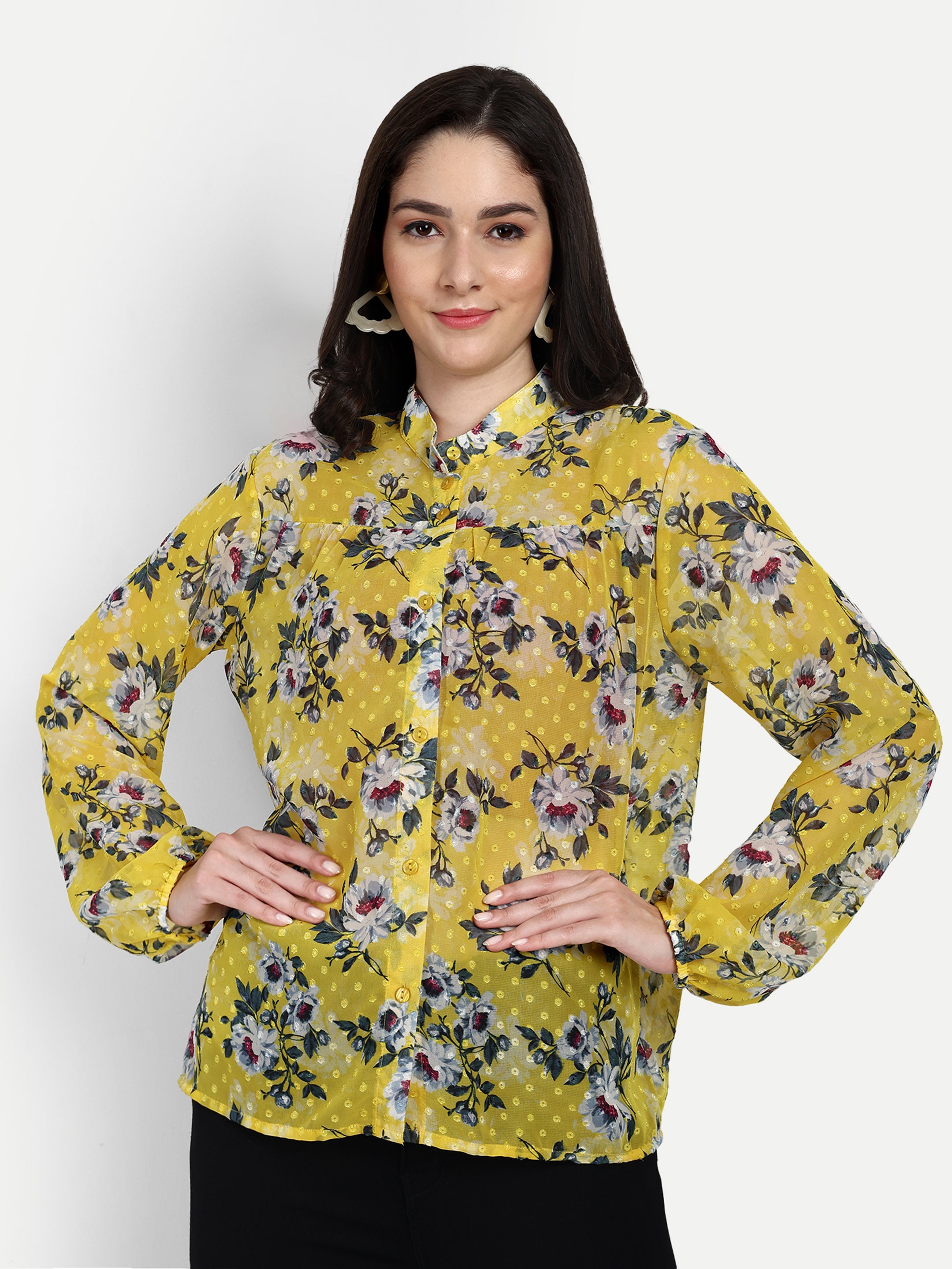 Printed Mandarine Collar Women's Shirt