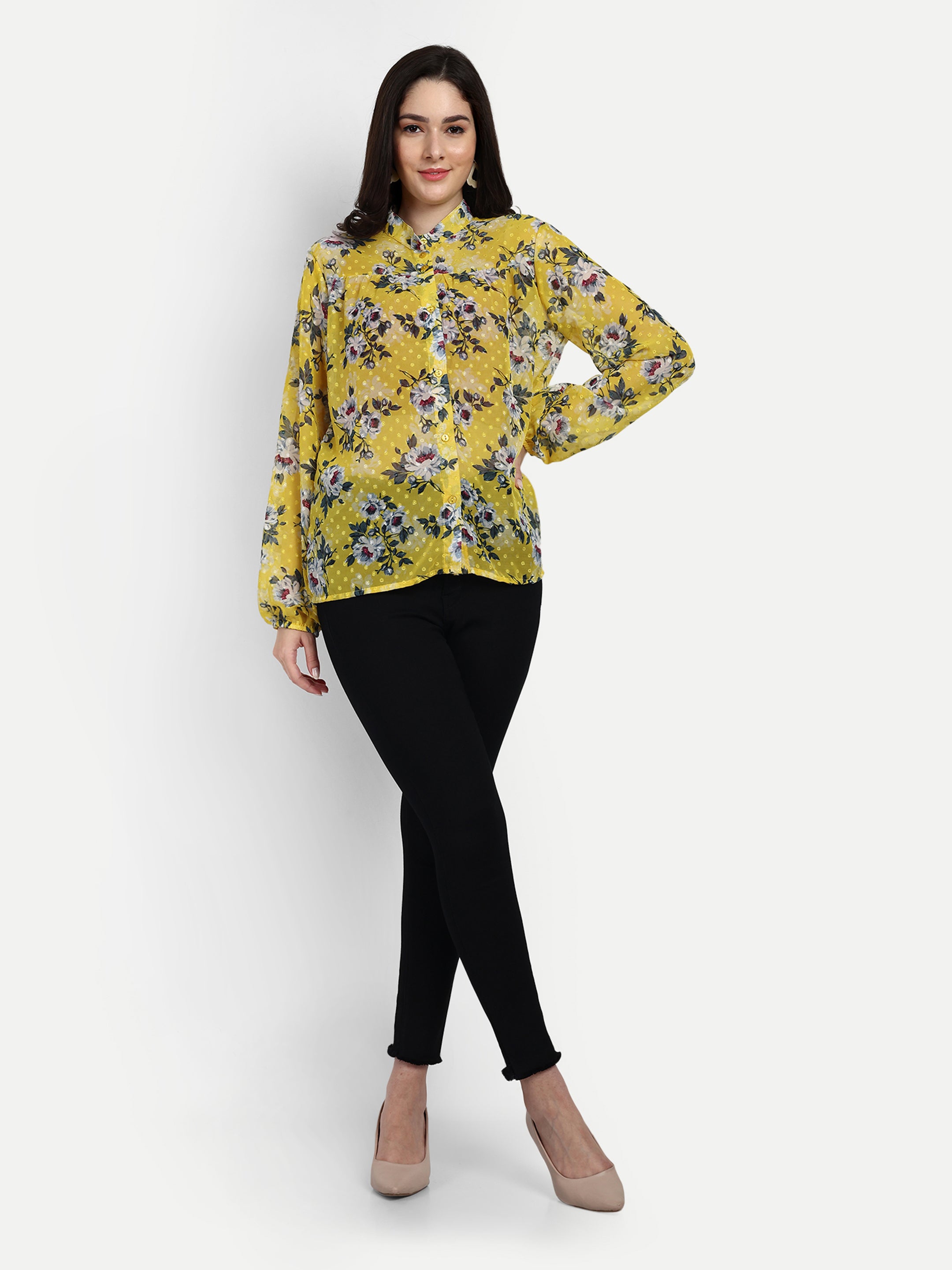 Printed Mandarine Collar Women's Shirt