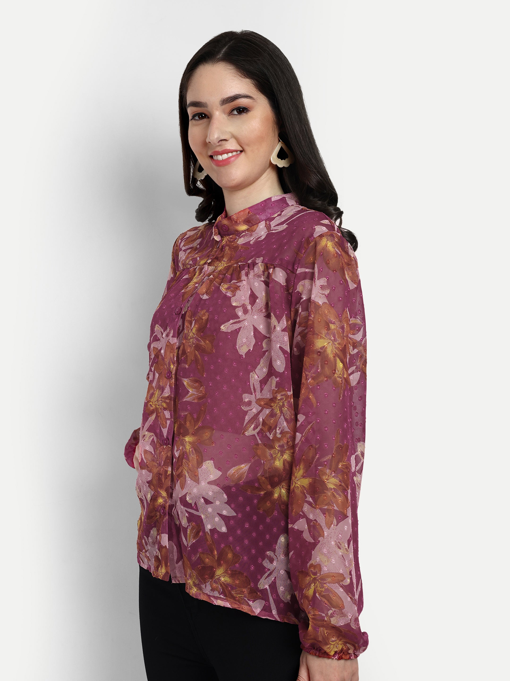 Printed Mandarine Collar Women's Shirt