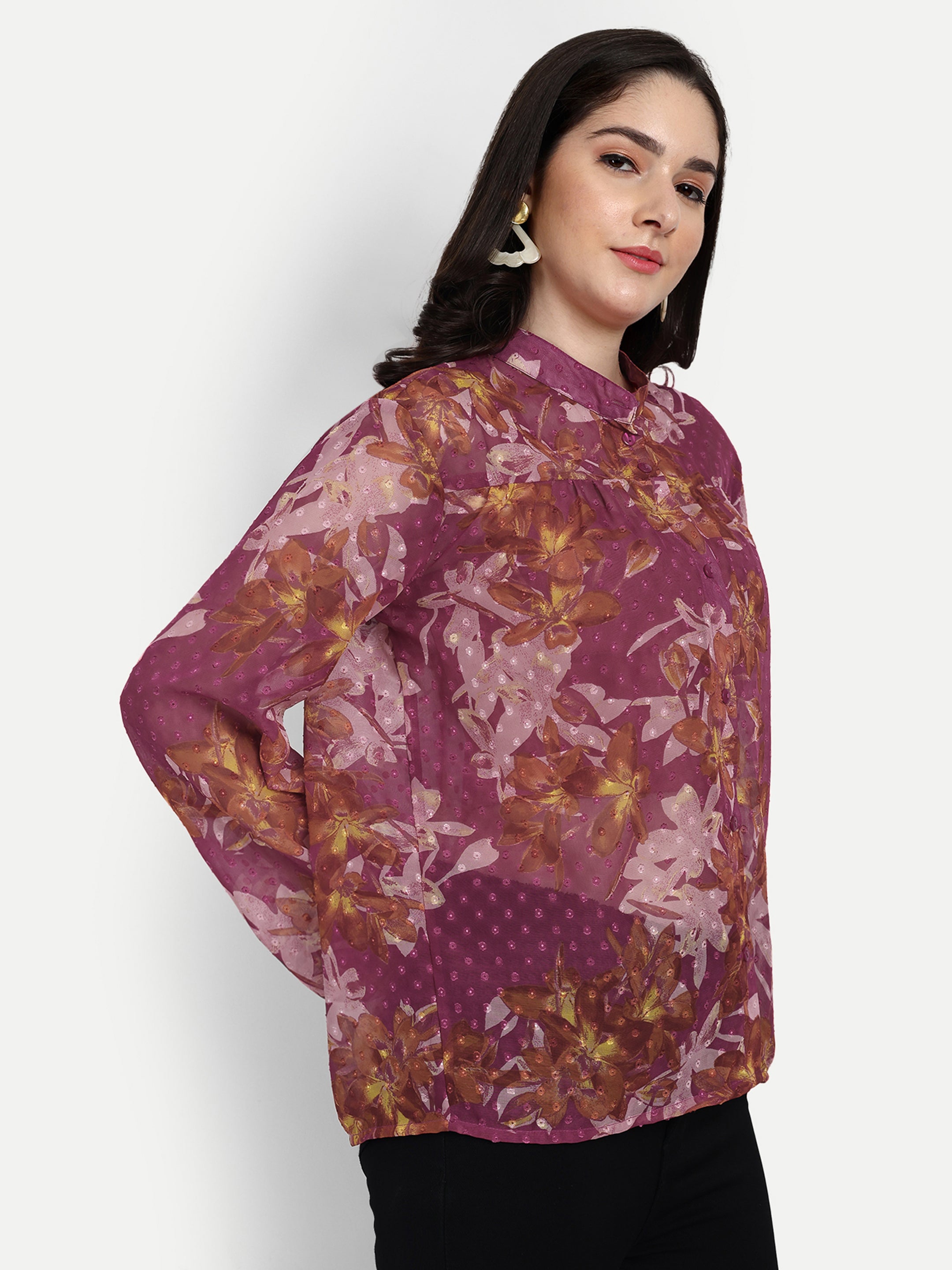 Printed Mandarine Collar Women's Shirt