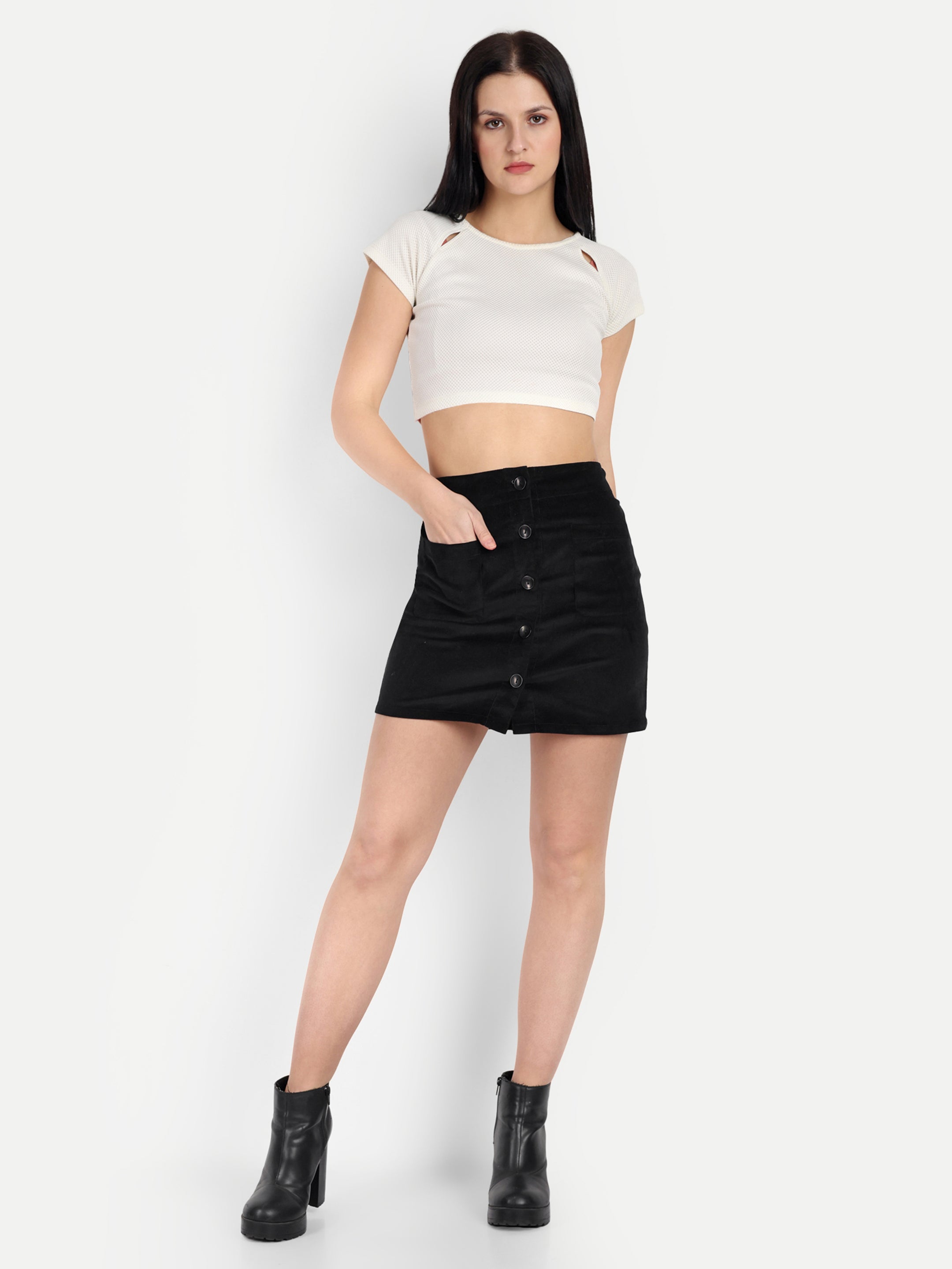 Front Open BLACK Corduroy A-Line Mini Skirt