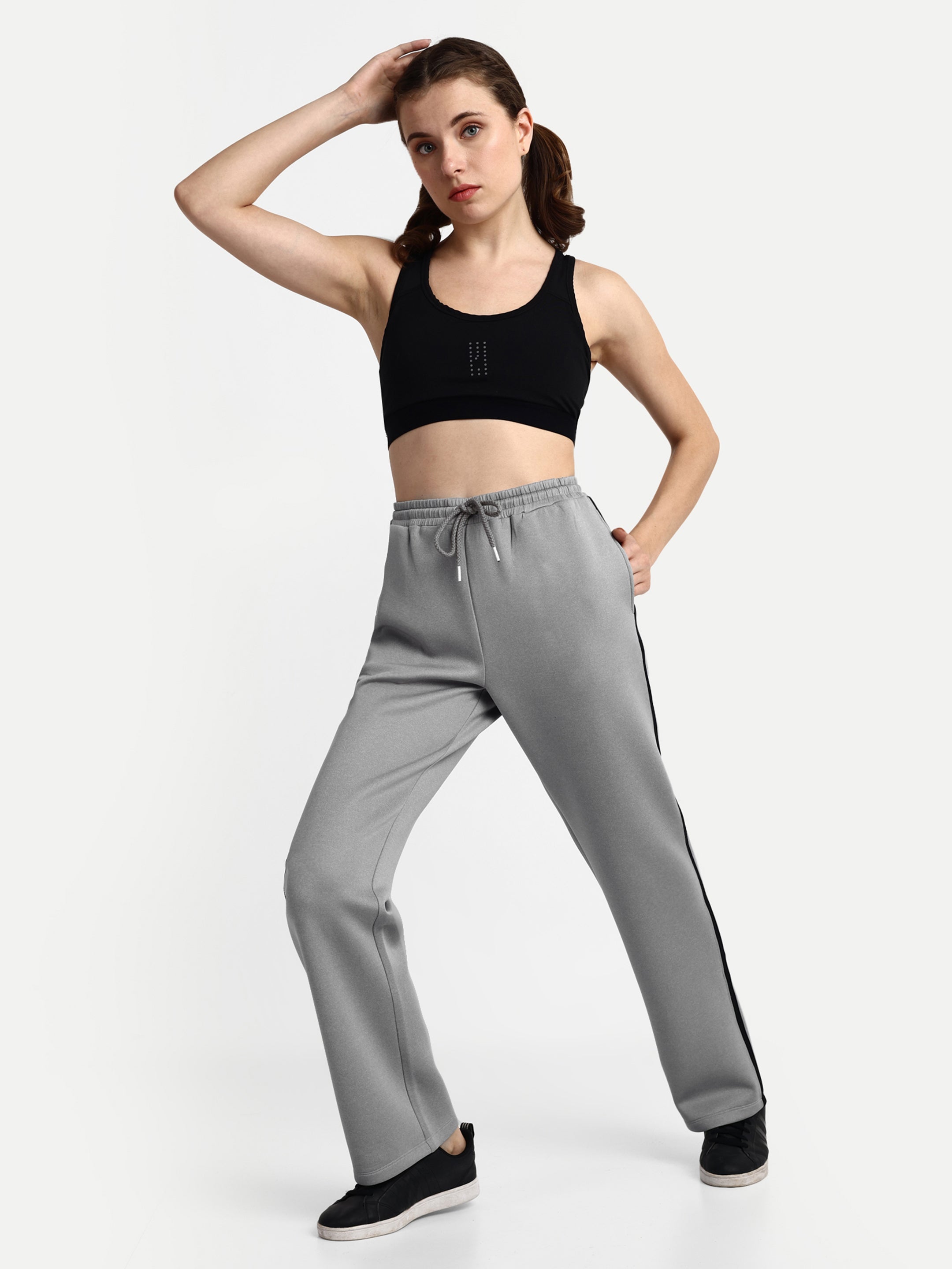 Women's Side Striped Track Pants - Grey with Black Stripe