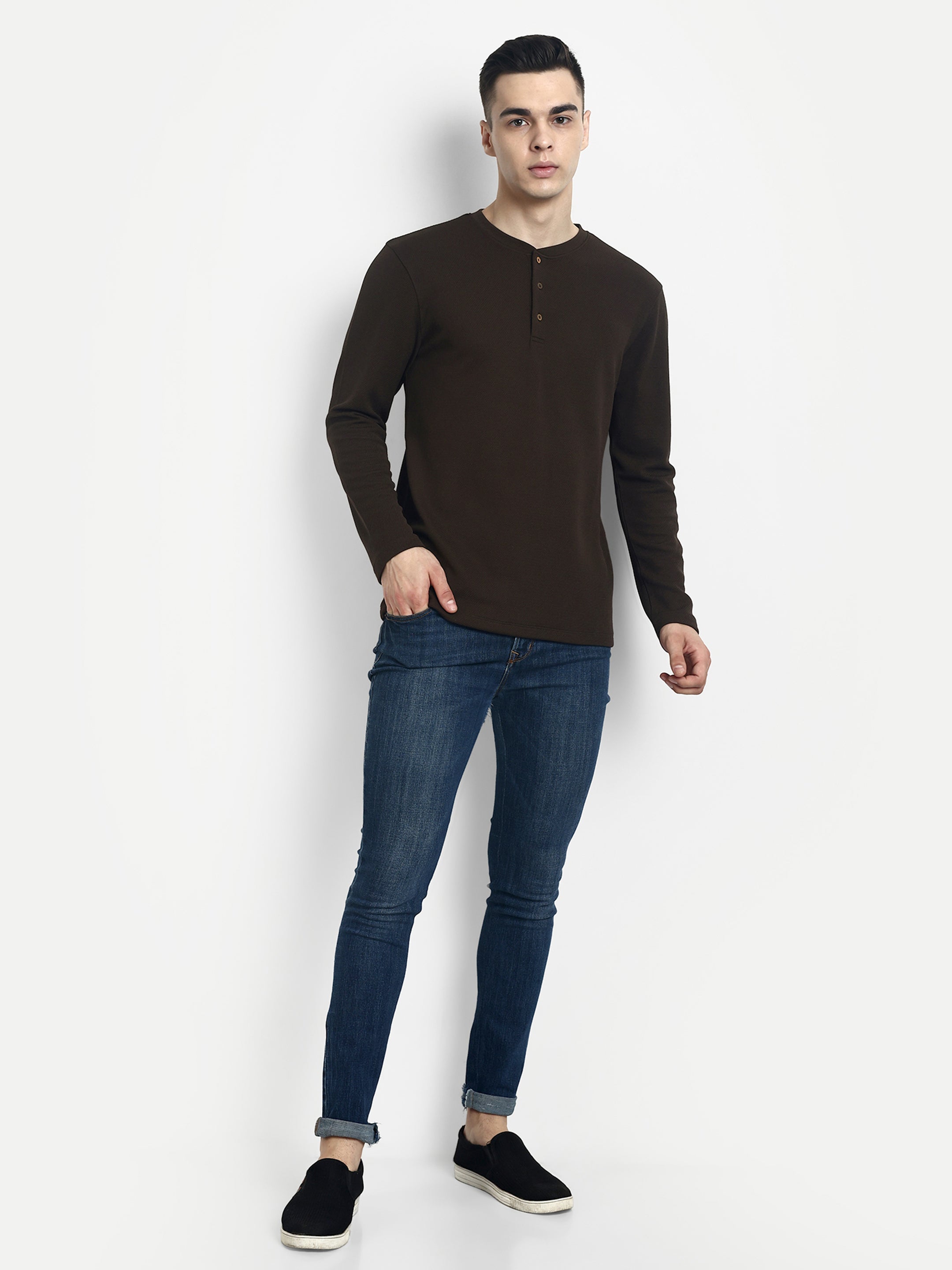 FULL SLEEVE HENLEY T-SHIRT-BROWN