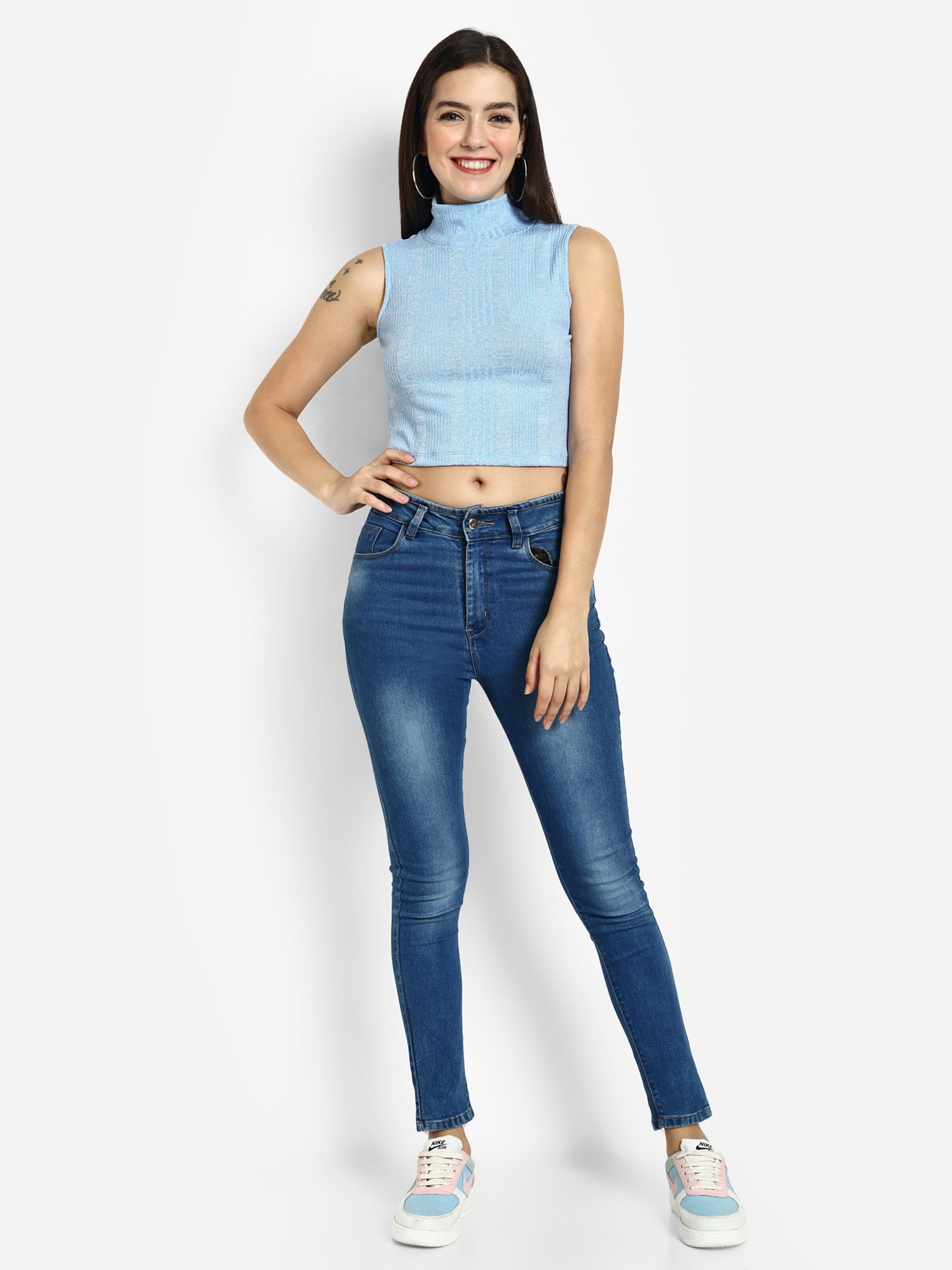 Women Solid Blue Ribbed Sleeveless Crop Top with a Turtle Neck