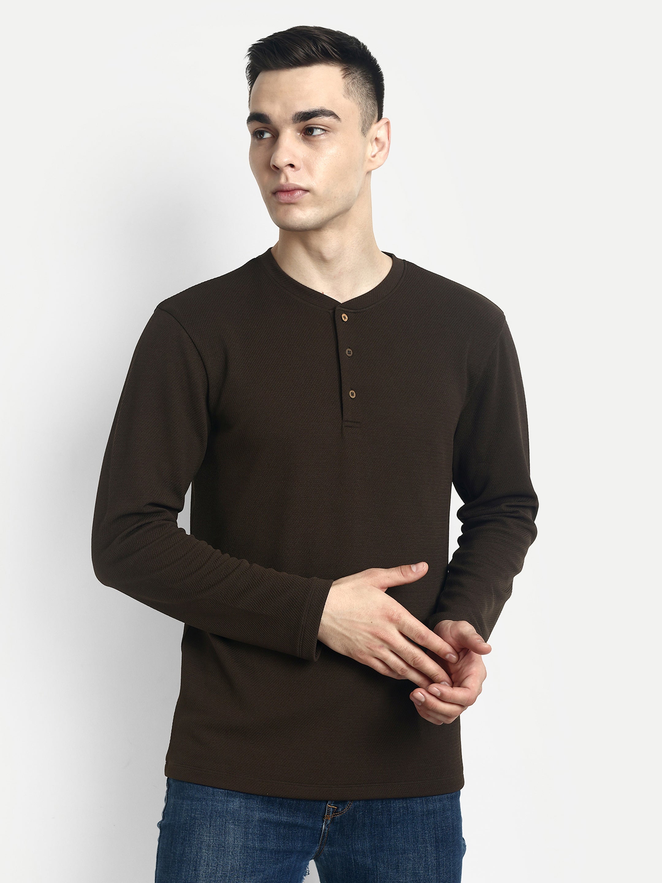 FULL SLEEVE HENLEY T-SHIRT-BROWN