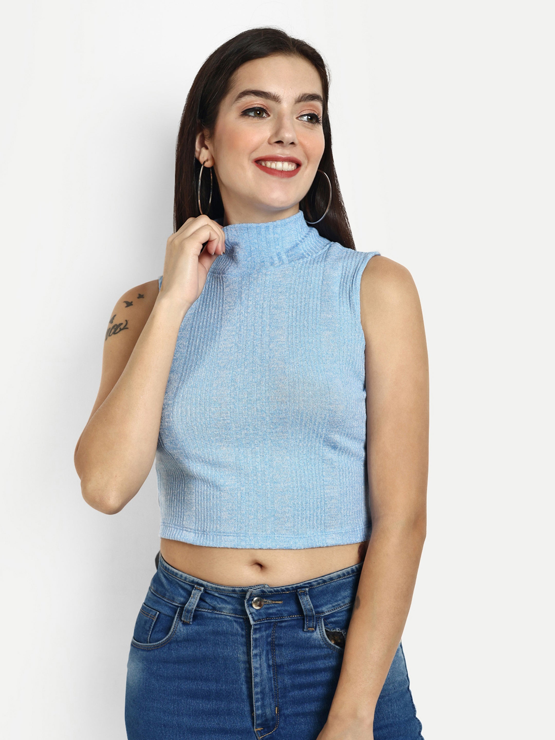 Women Solid Blue Ribbed Sleeveless Crop Top with a Turtle Neck