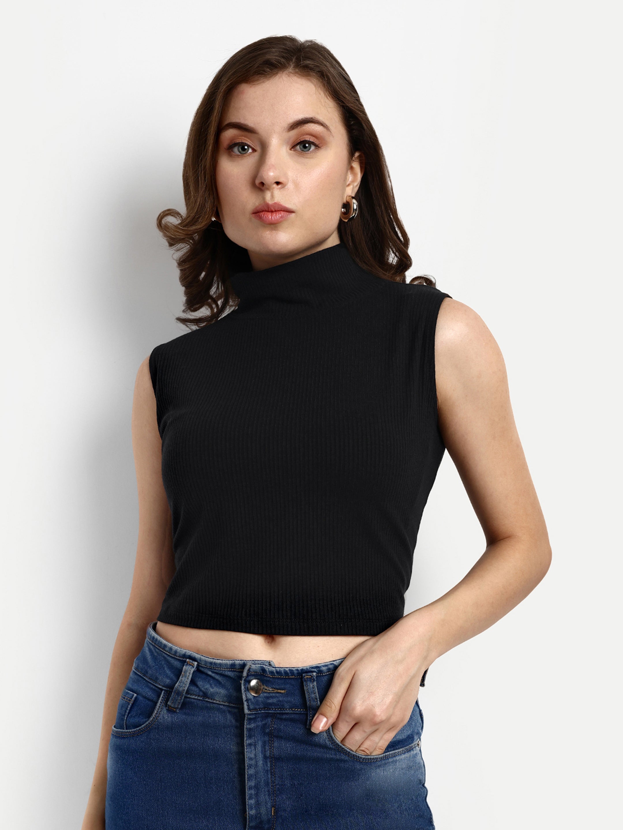 Women Solid Black Ribbed Sleeveless Crop Top with a Turtle Neck