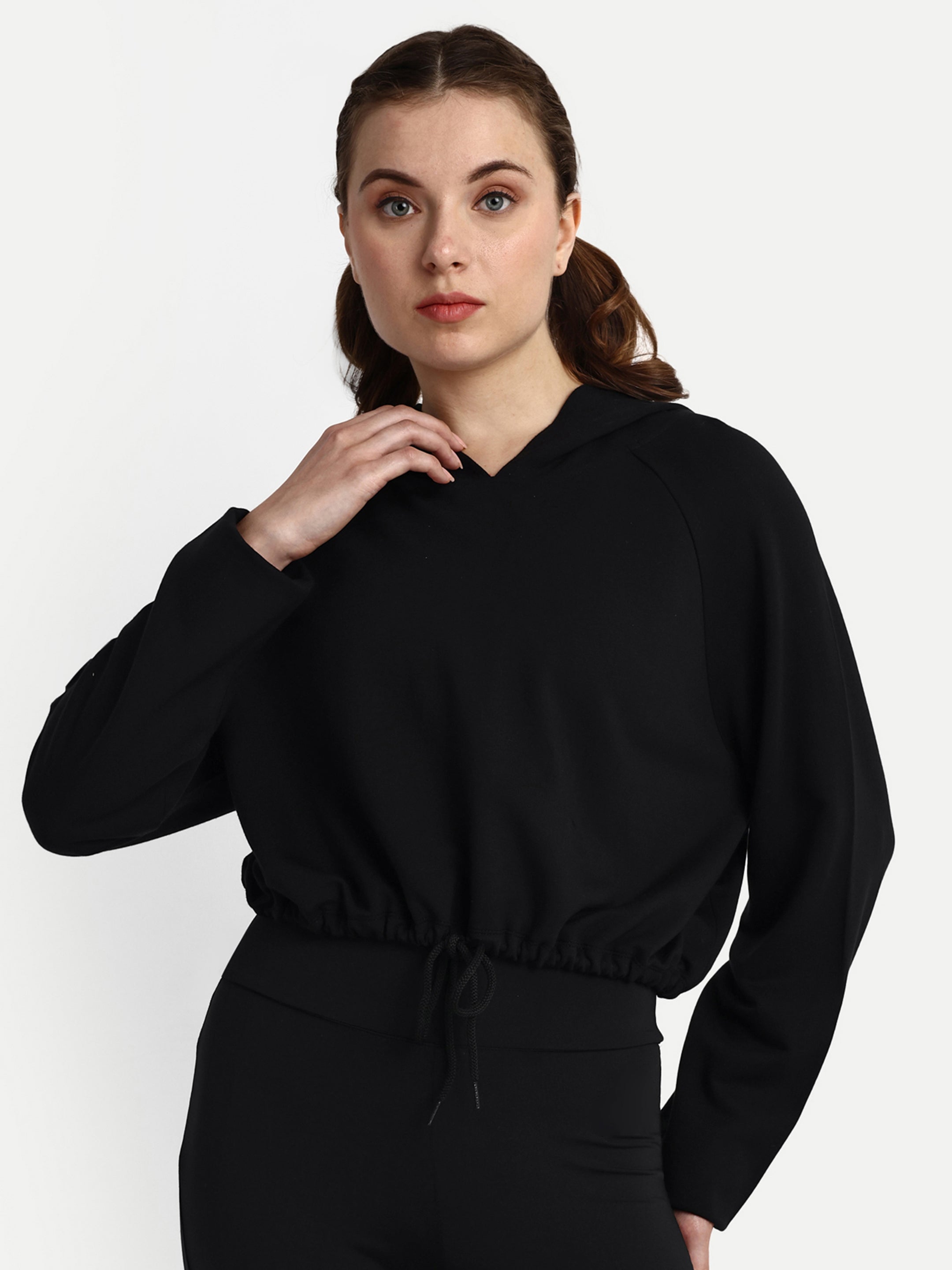 Drawstring Crop Hoodie - Black