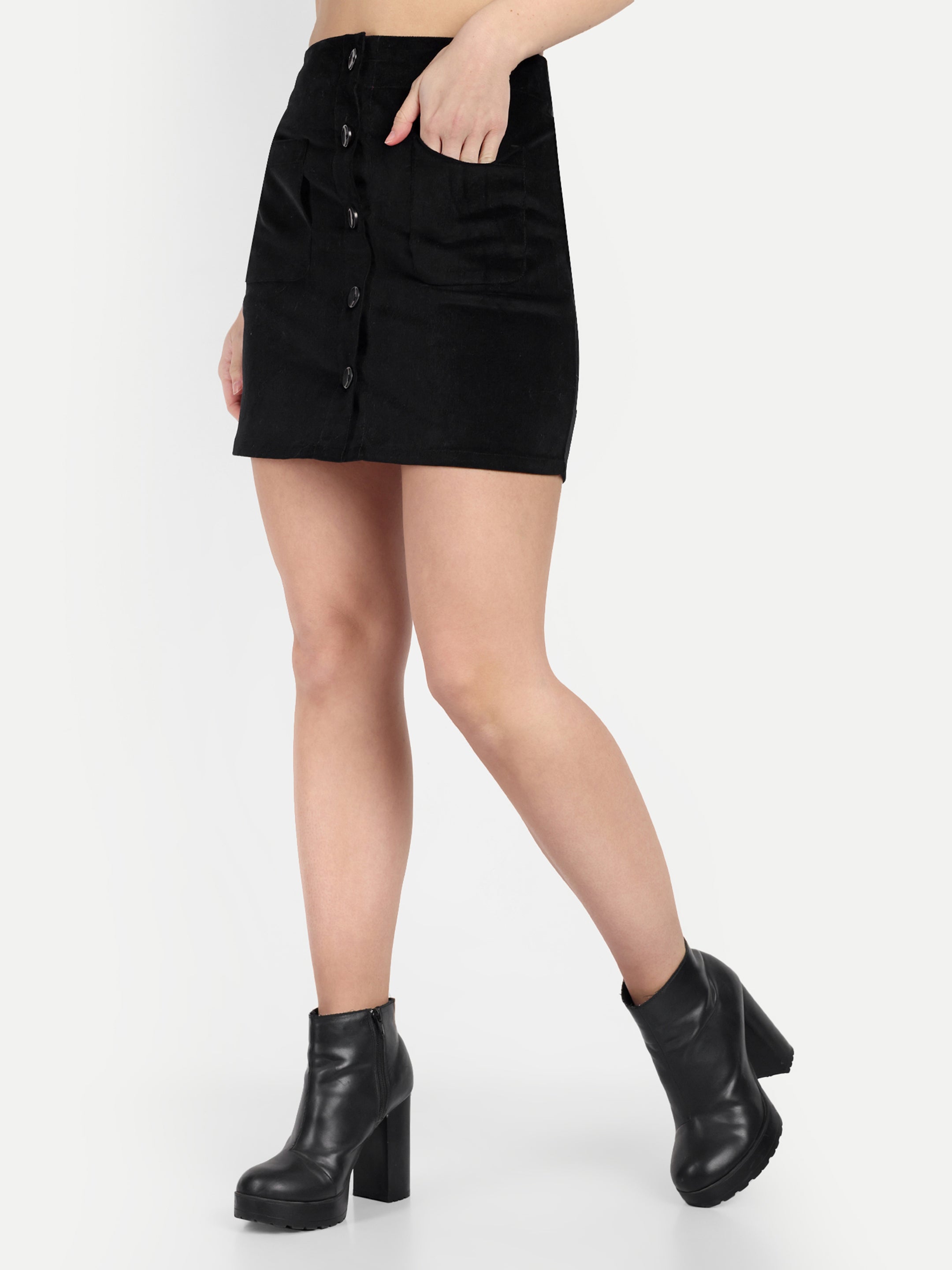 Front Open BLACK Corduroy A-Line Mini Skirt