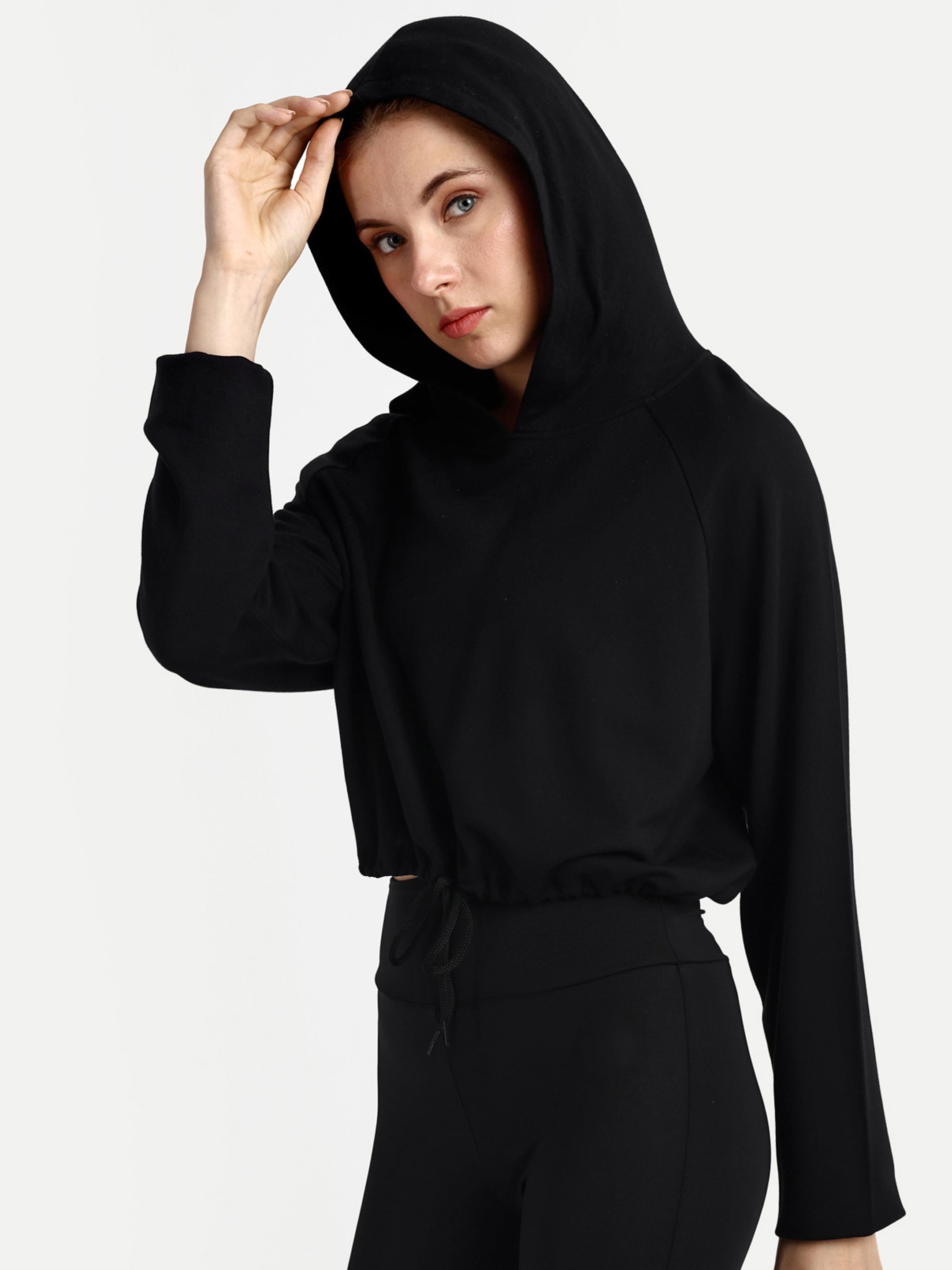 Drawstring Crop Hoodie - Black