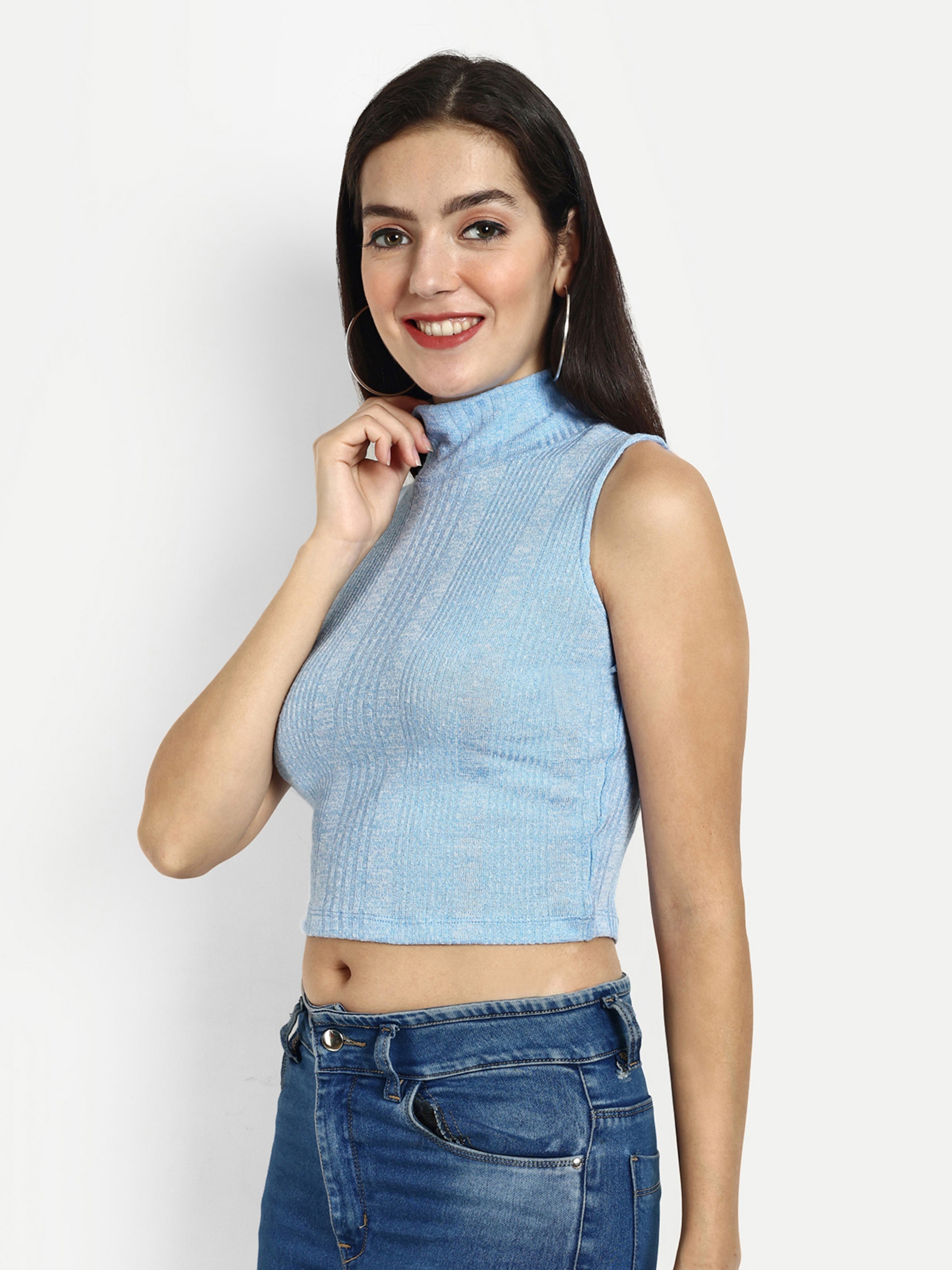 Women Solid Blue Ribbed Sleeveless Crop Top with a Turtle Neck