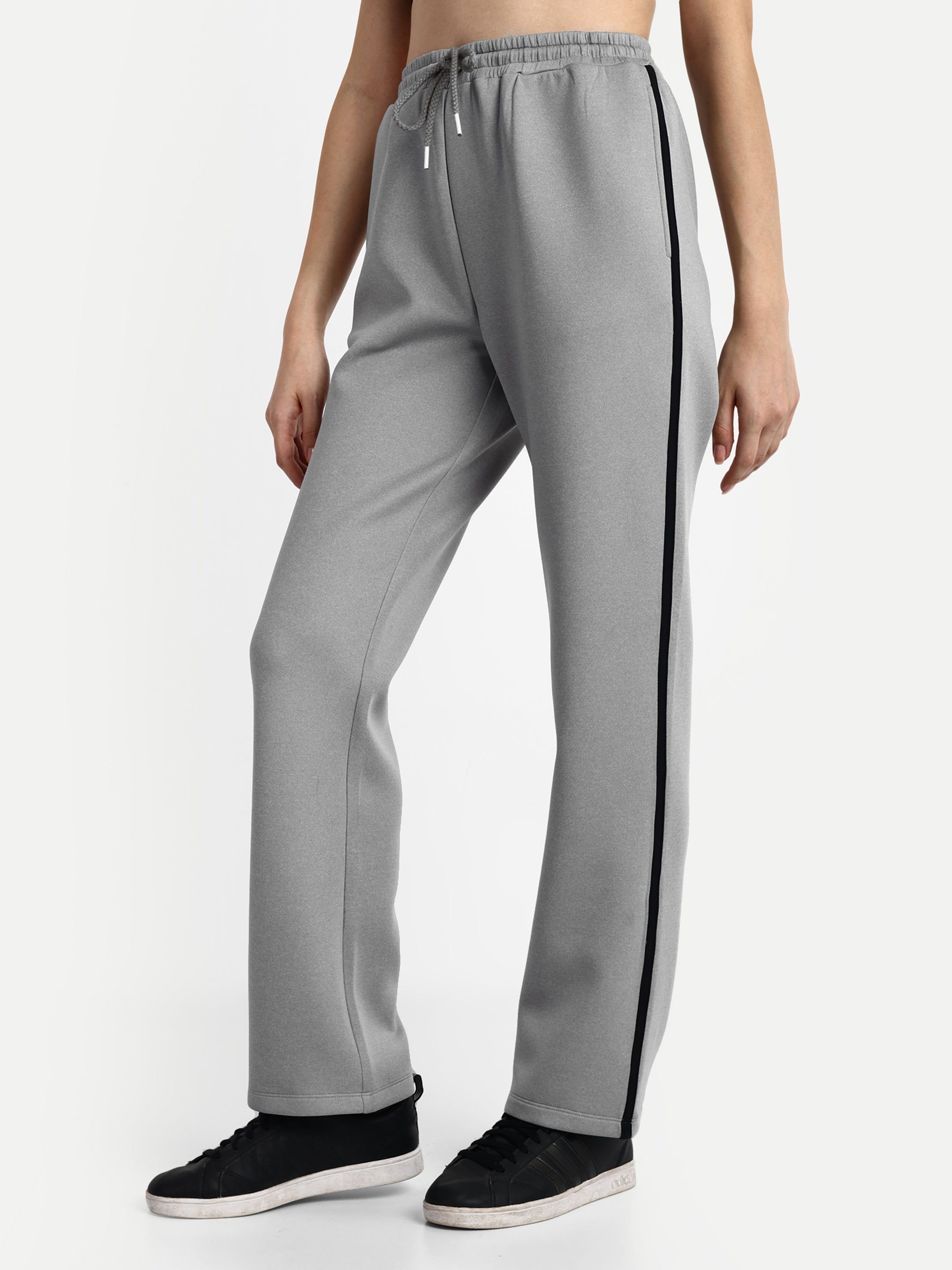 Women's Side Striped Track Pants - Grey with Black Stripe