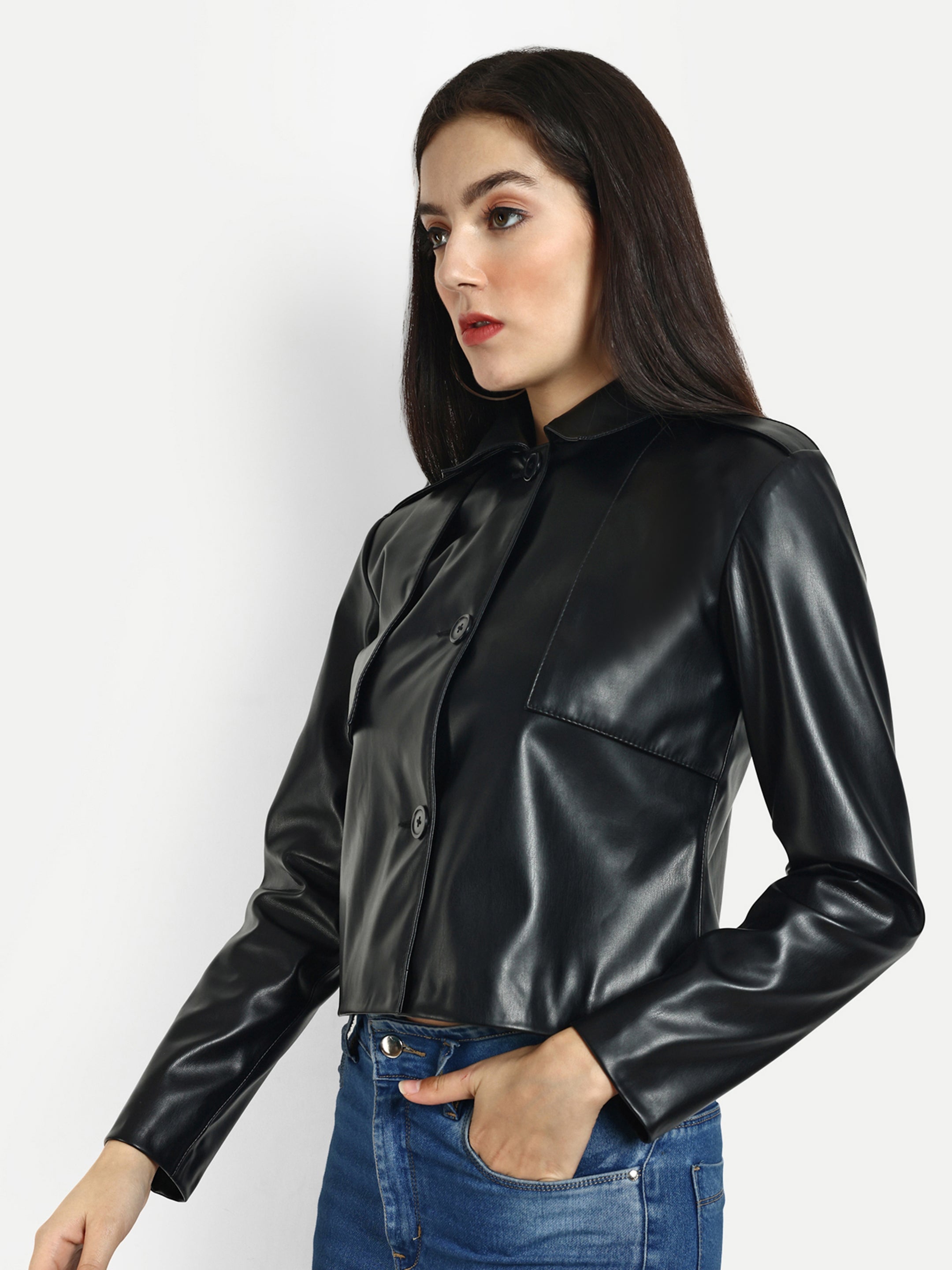 FAUX LEATHER JACKET- BLACK