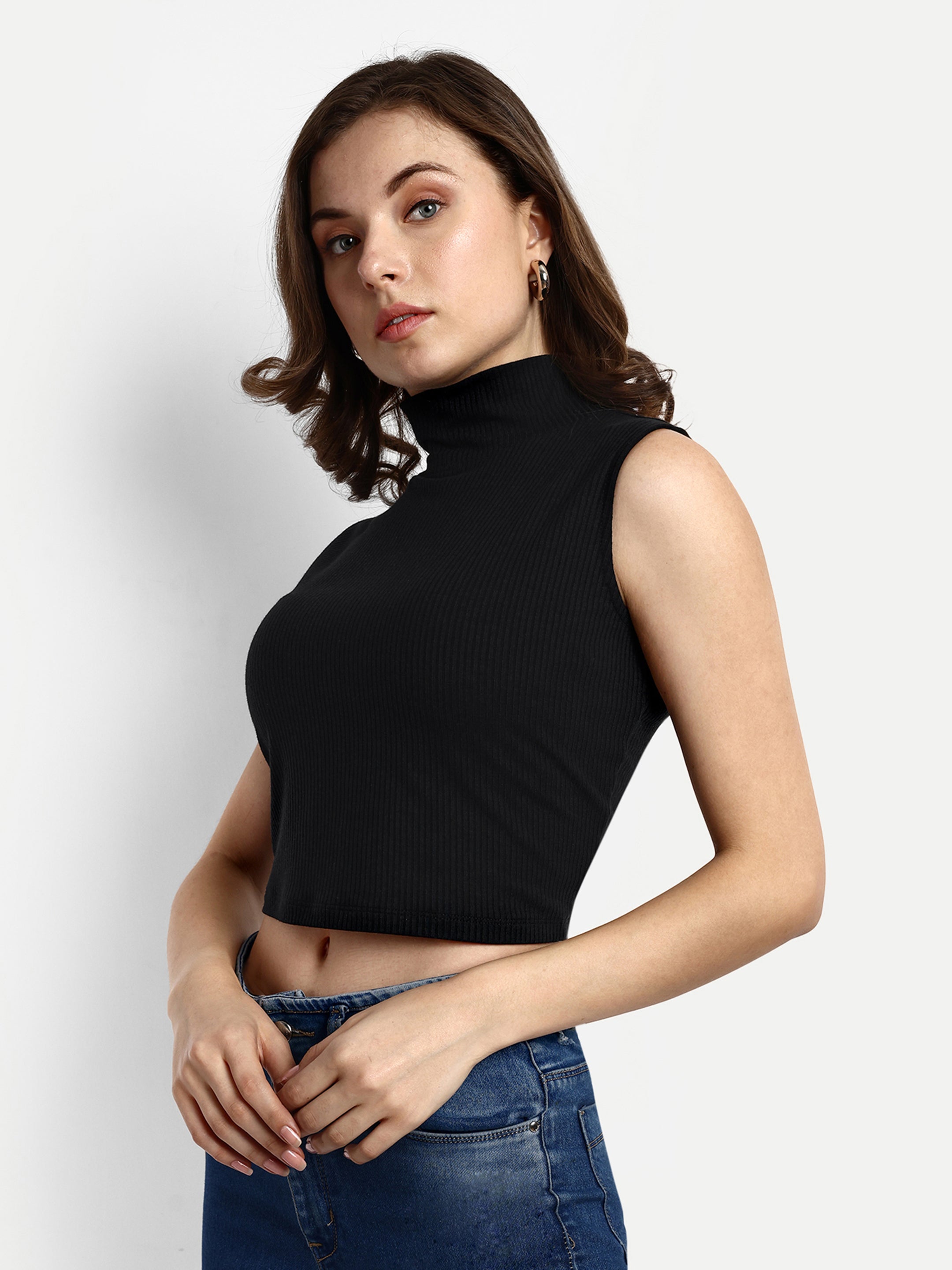 Women Solid Black Ribbed Sleeveless Crop Top with a Turtle Neck