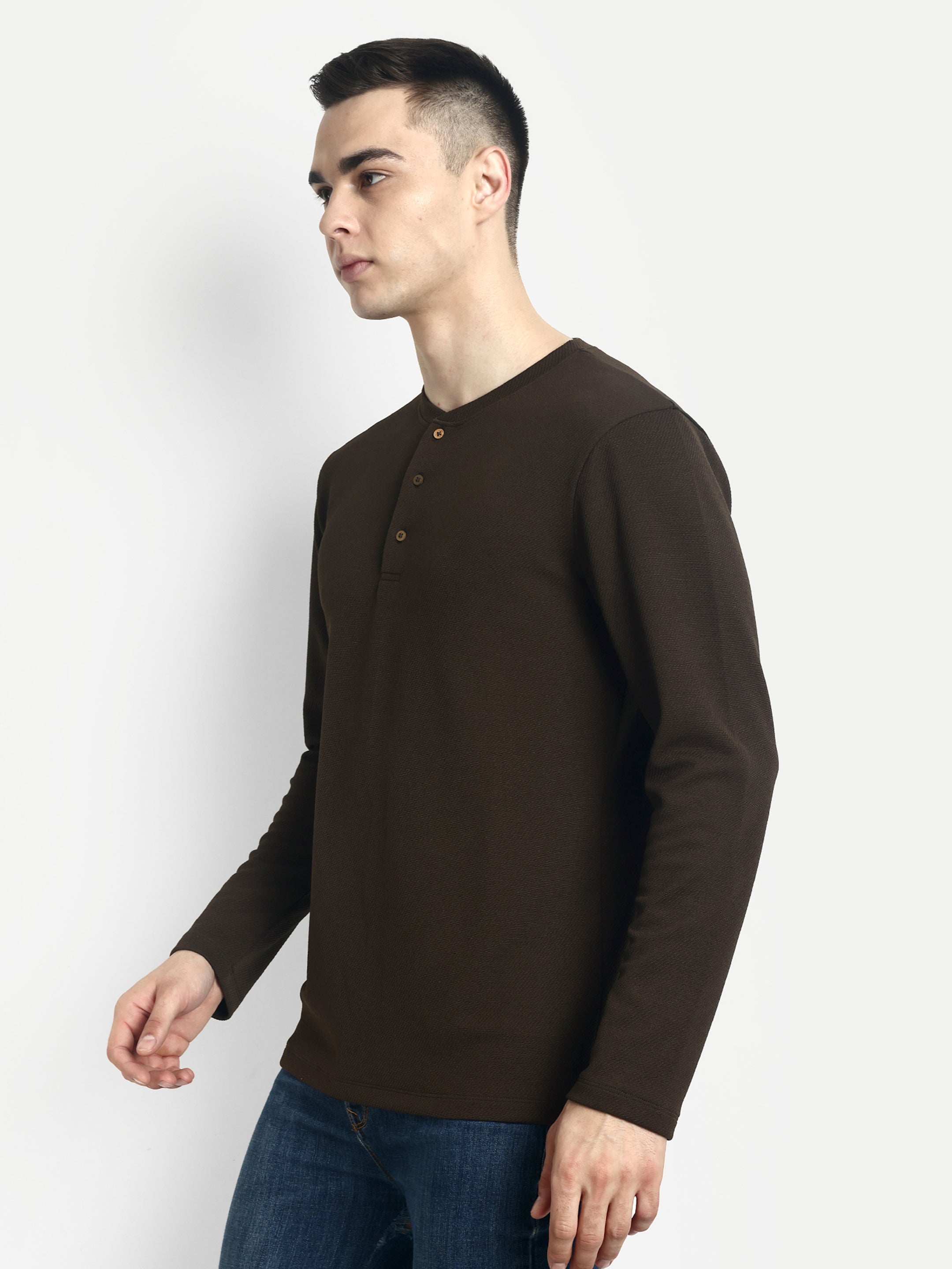 FULL SLEEVE HENLEY T-SHIRT-BROWN