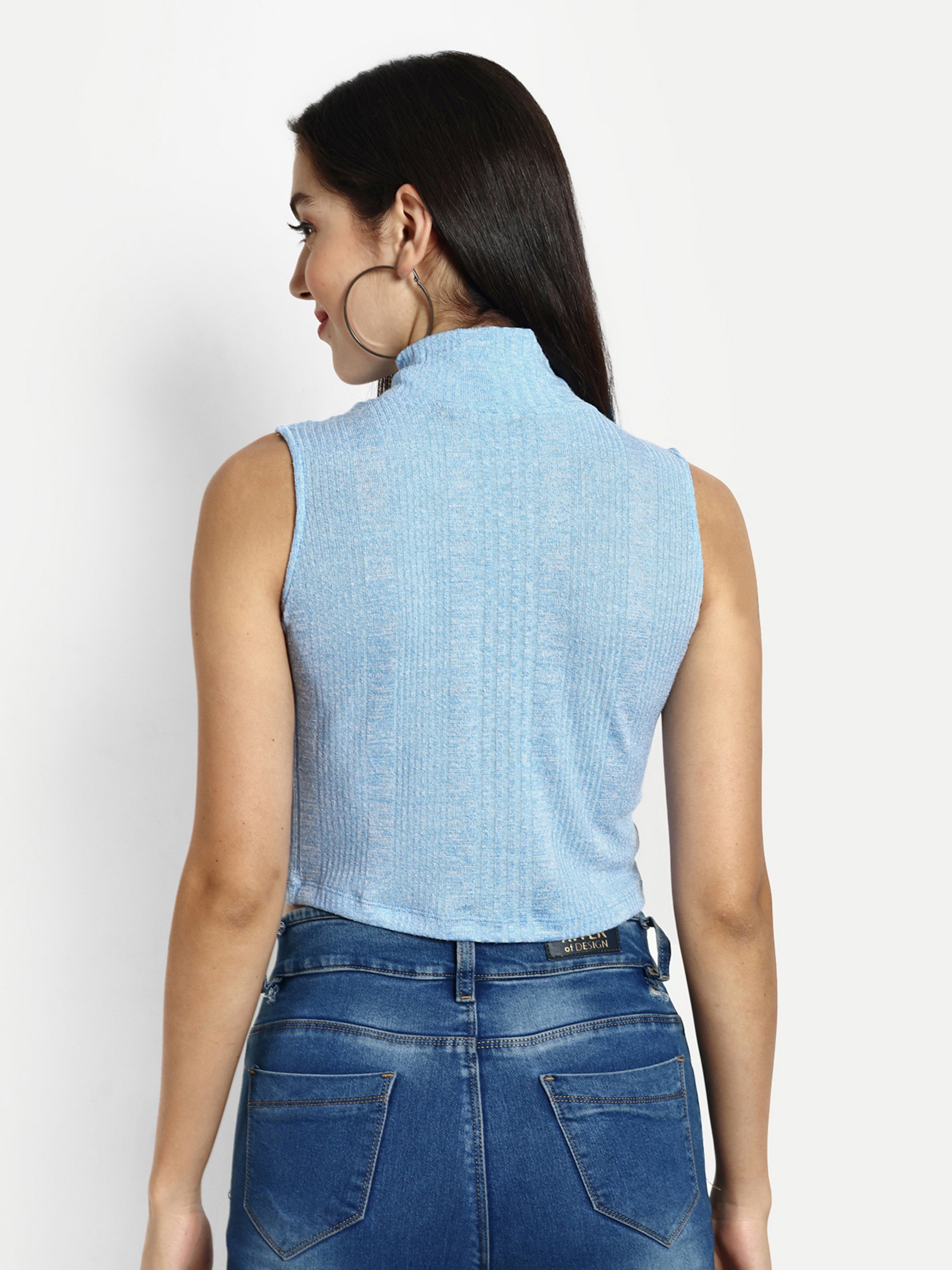 Women Solid Blue Ribbed Sleeveless Crop Top with a Turtle Neck