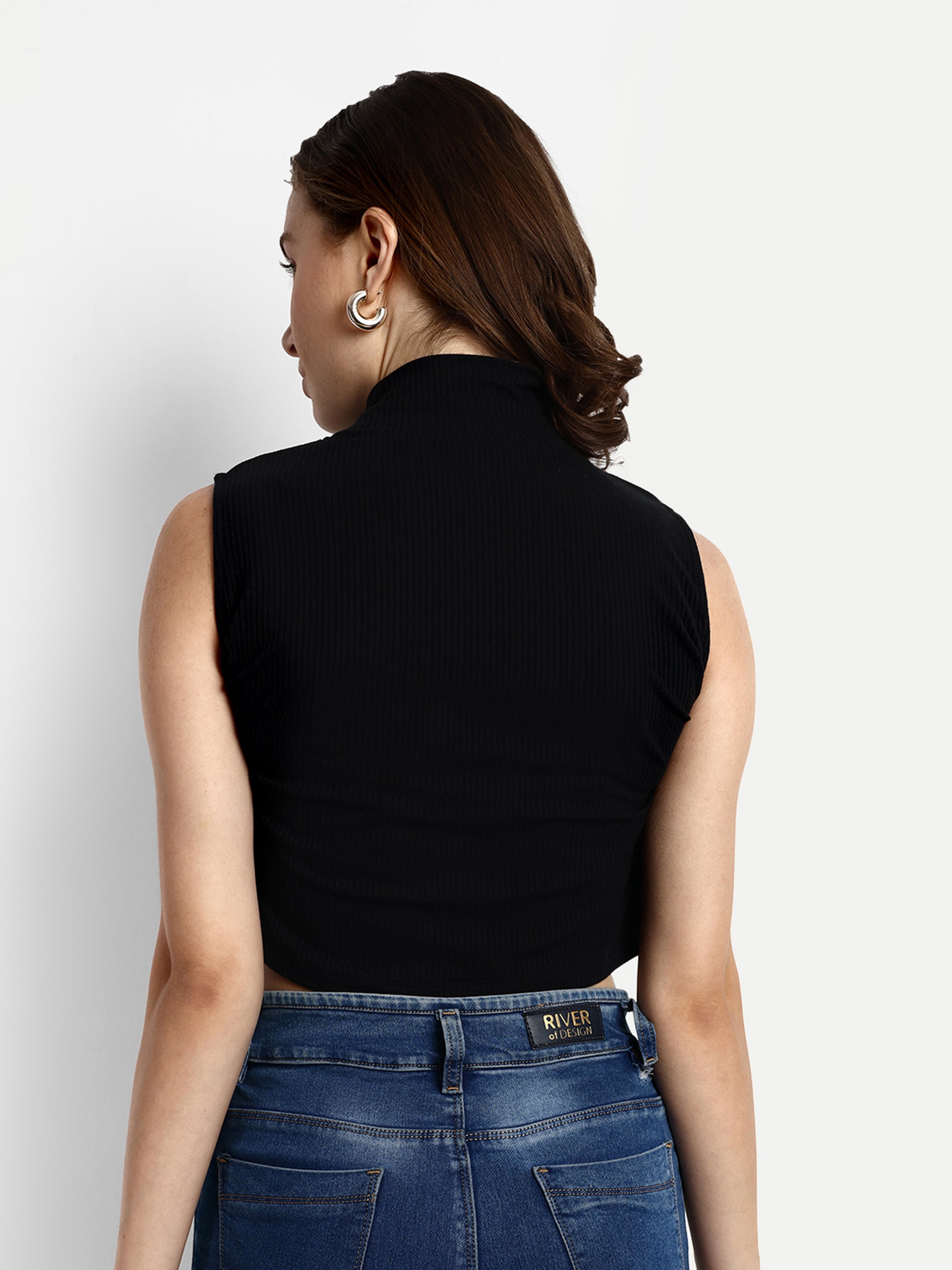 Women Solid Black Ribbed Sleeveless Crop Top with a Turtle Neck