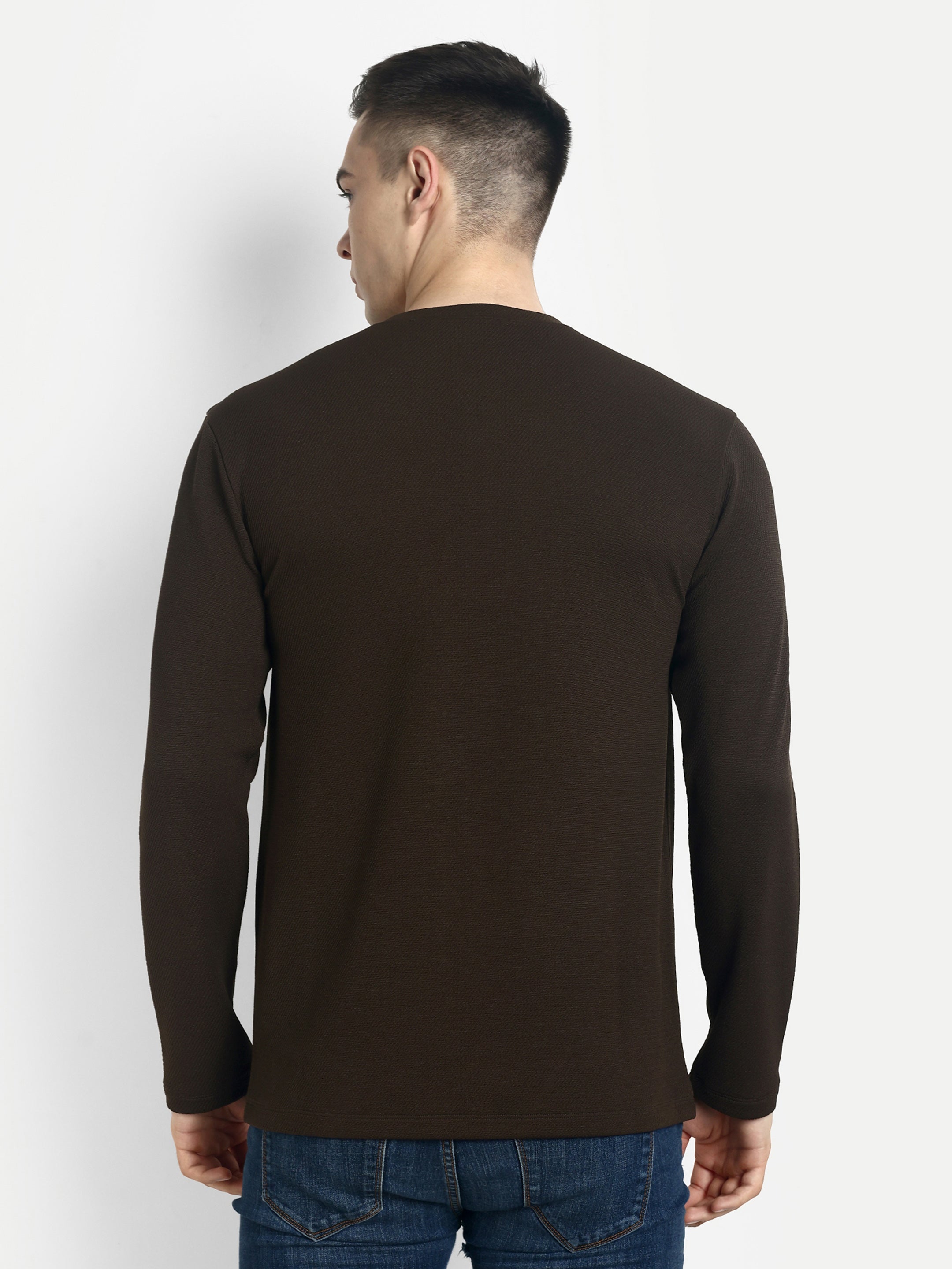 FULL SLEEVE HENLEY T-SHIRT-BROWN