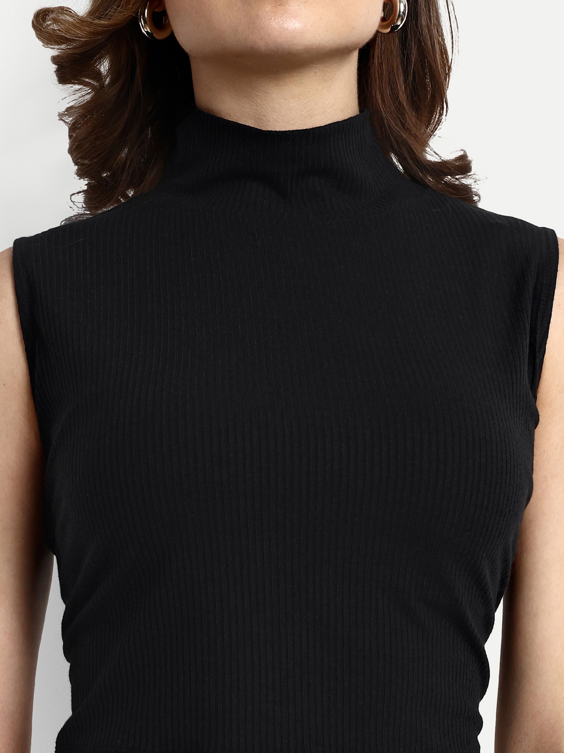 Women Solid Black Ribbed Sleeveless Crop Top with a Turtle Neck