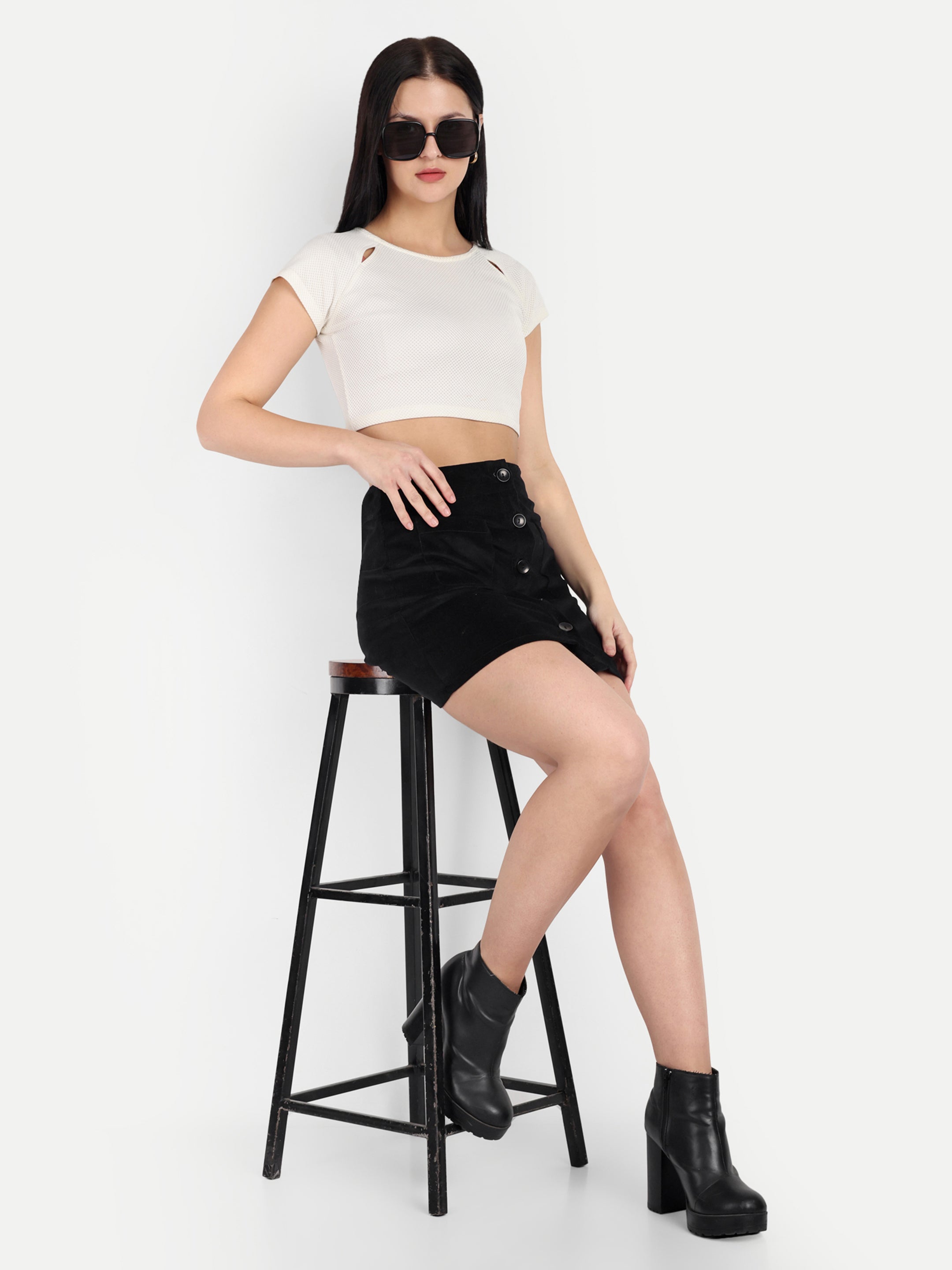 Front Open BLACK Corduroy A-Line Mini Skirt