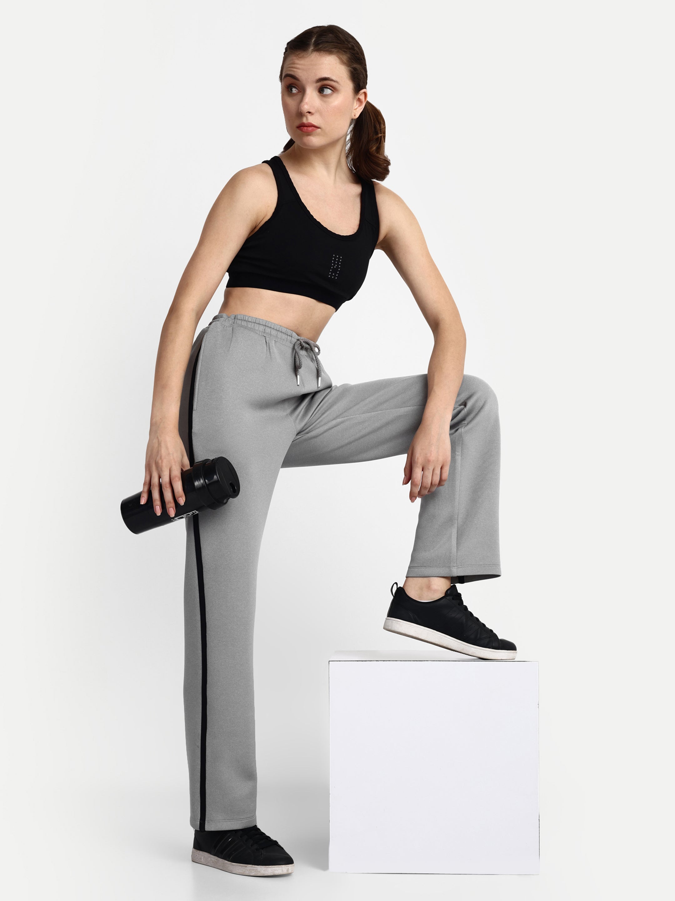 Women's Side Striped Track Pants - Grey with Black Stripe