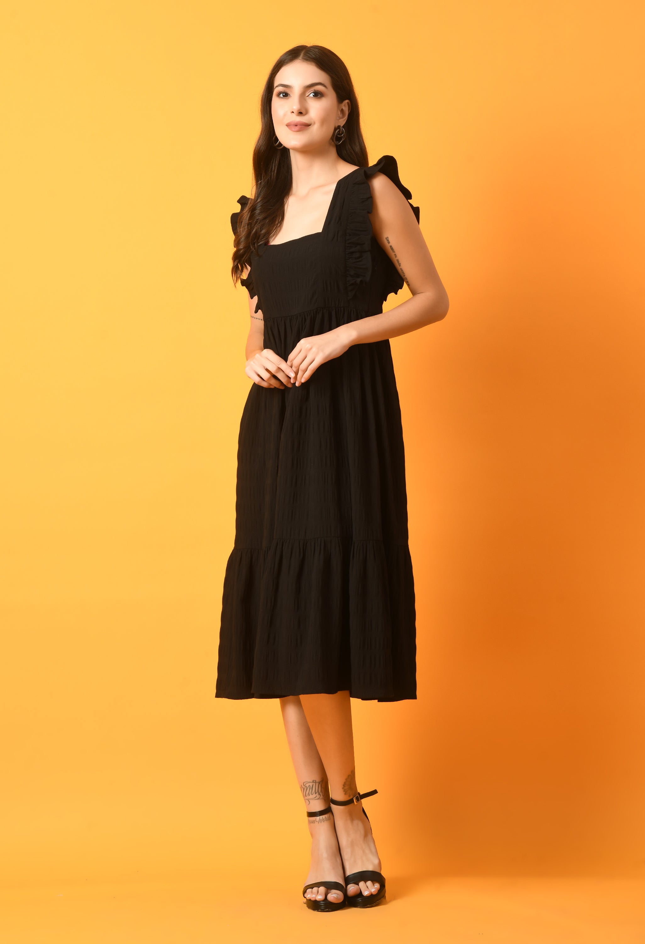 BLACK MAXI FRILL DRESS