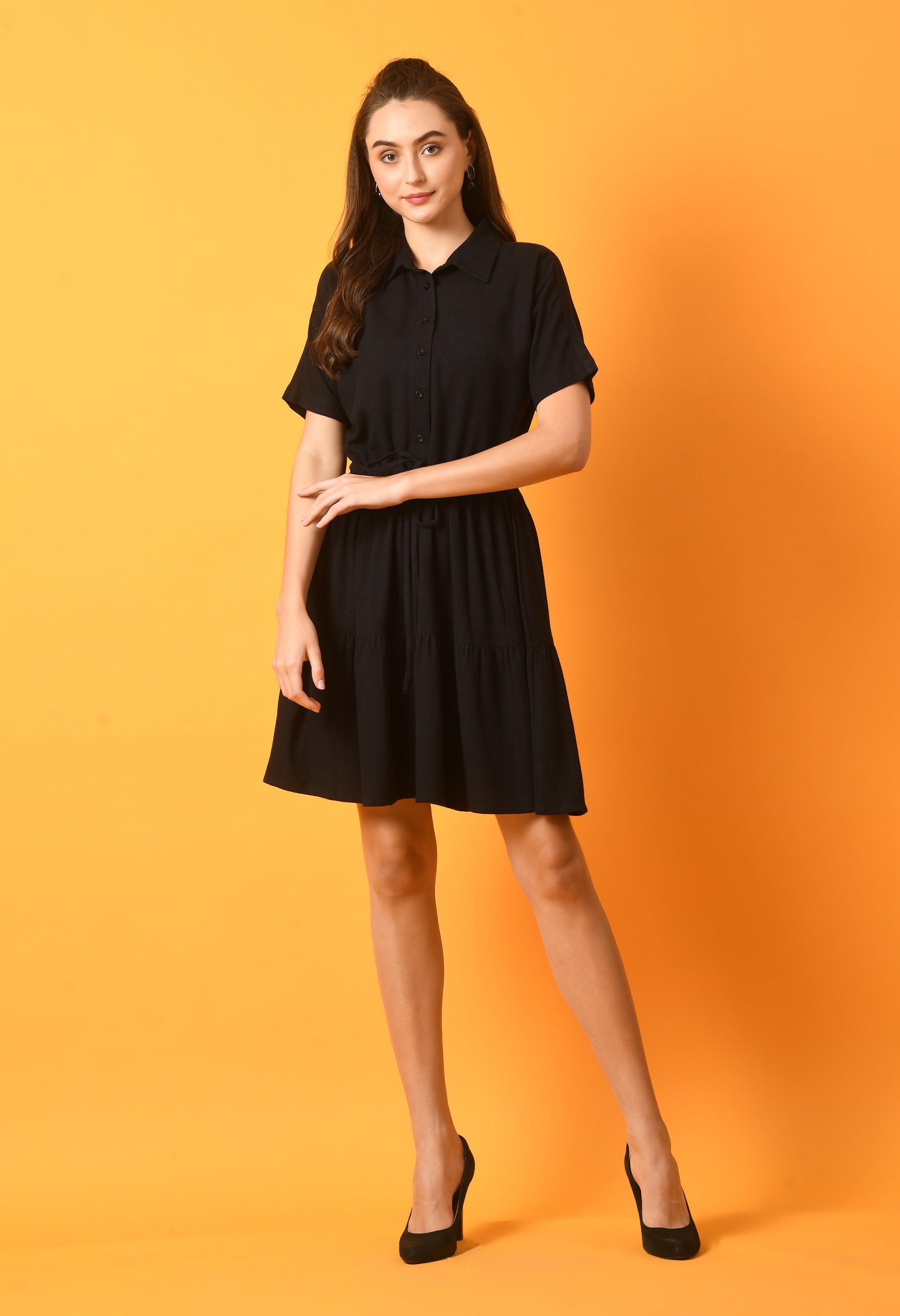 Button-Up Collar Half Sleeve Shirt Dress