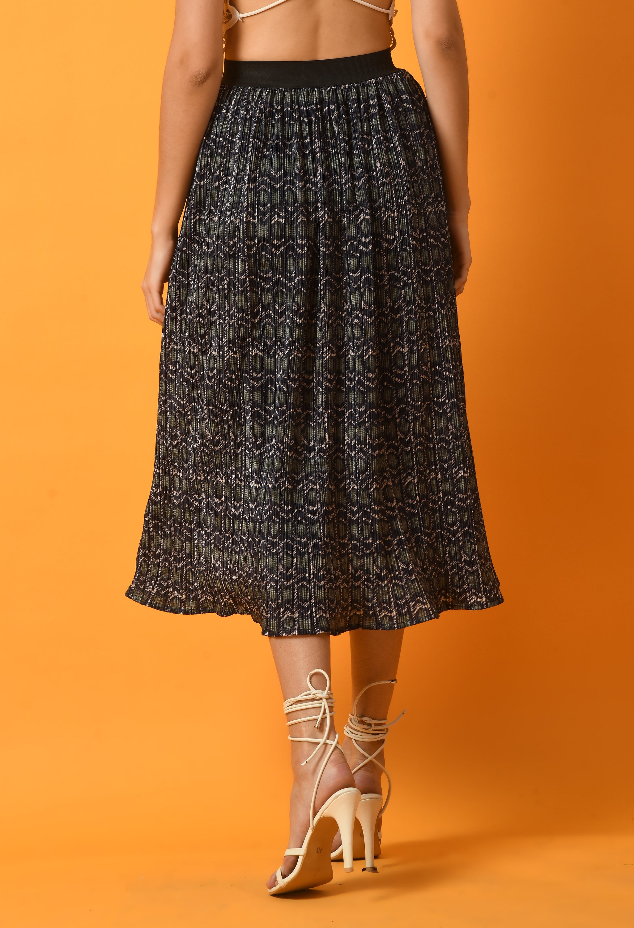 PRINT PLEATED MIDI SKIRT WITH  ELASTIC WAISTBAND