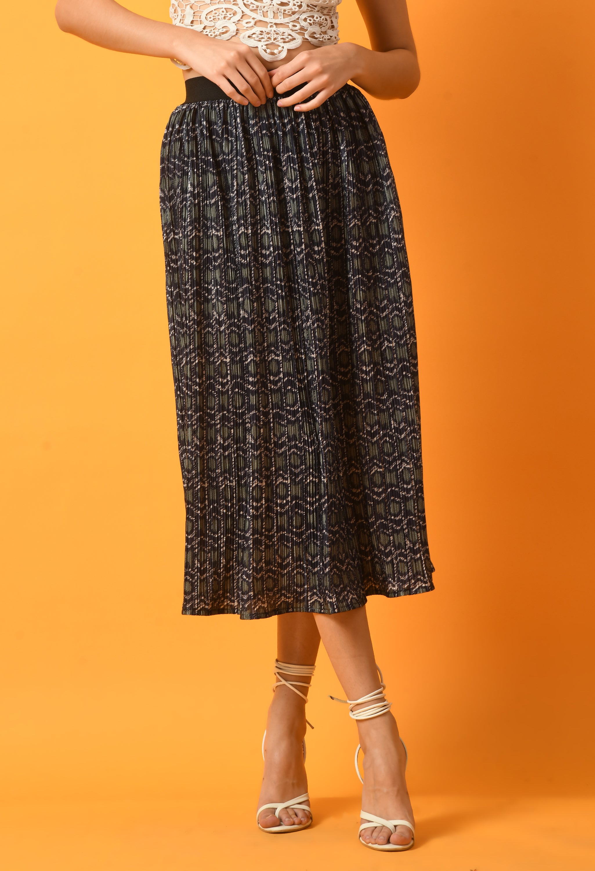 PRINT PLEATED MIDI SKIRT WITH  ELASTIC WAISTBAND