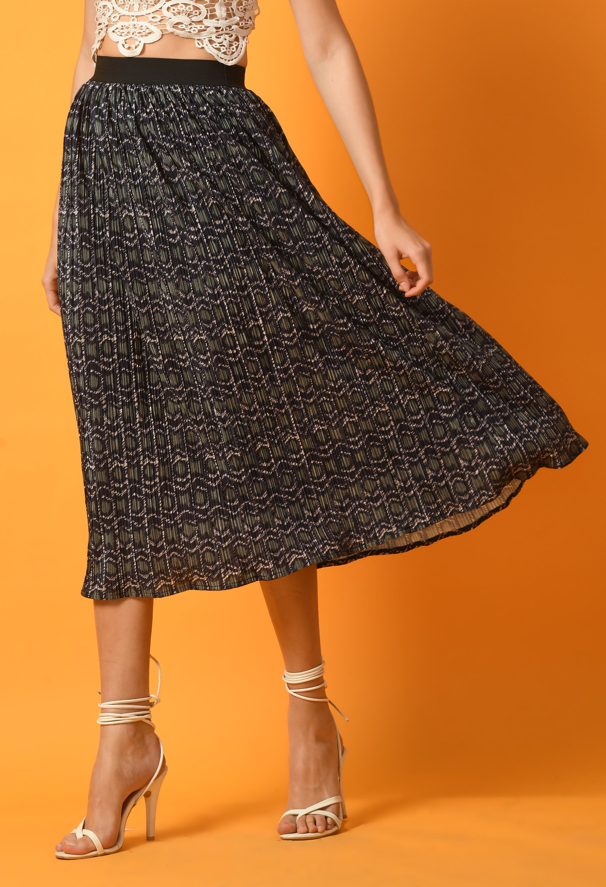 PRINT PLEATED MIDI SKIRT WITH  ELASTIC WAISTBAND