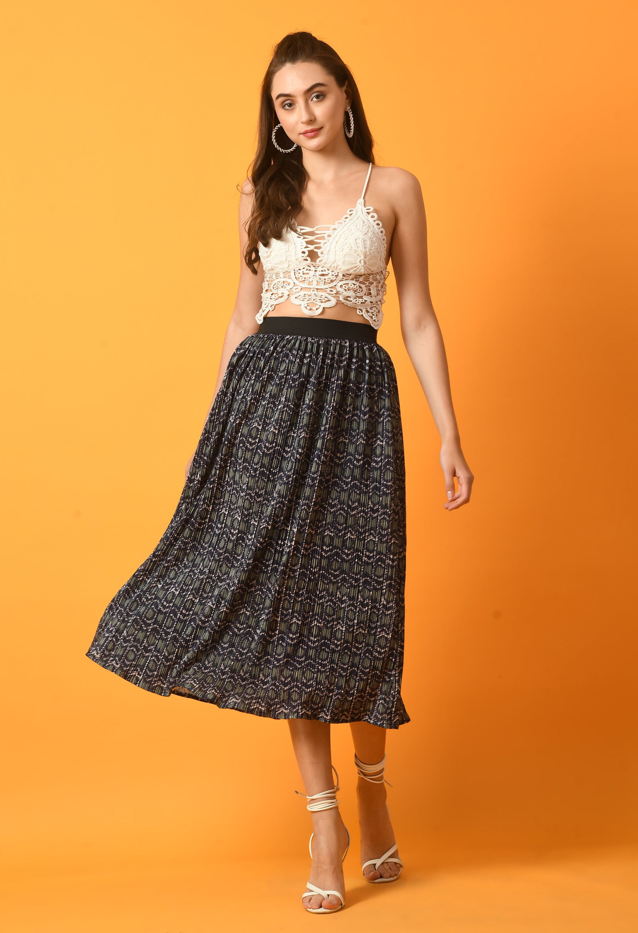 PRINT PLEATED MIDI SKIRT WITH  ELASTIC WAISTBAND