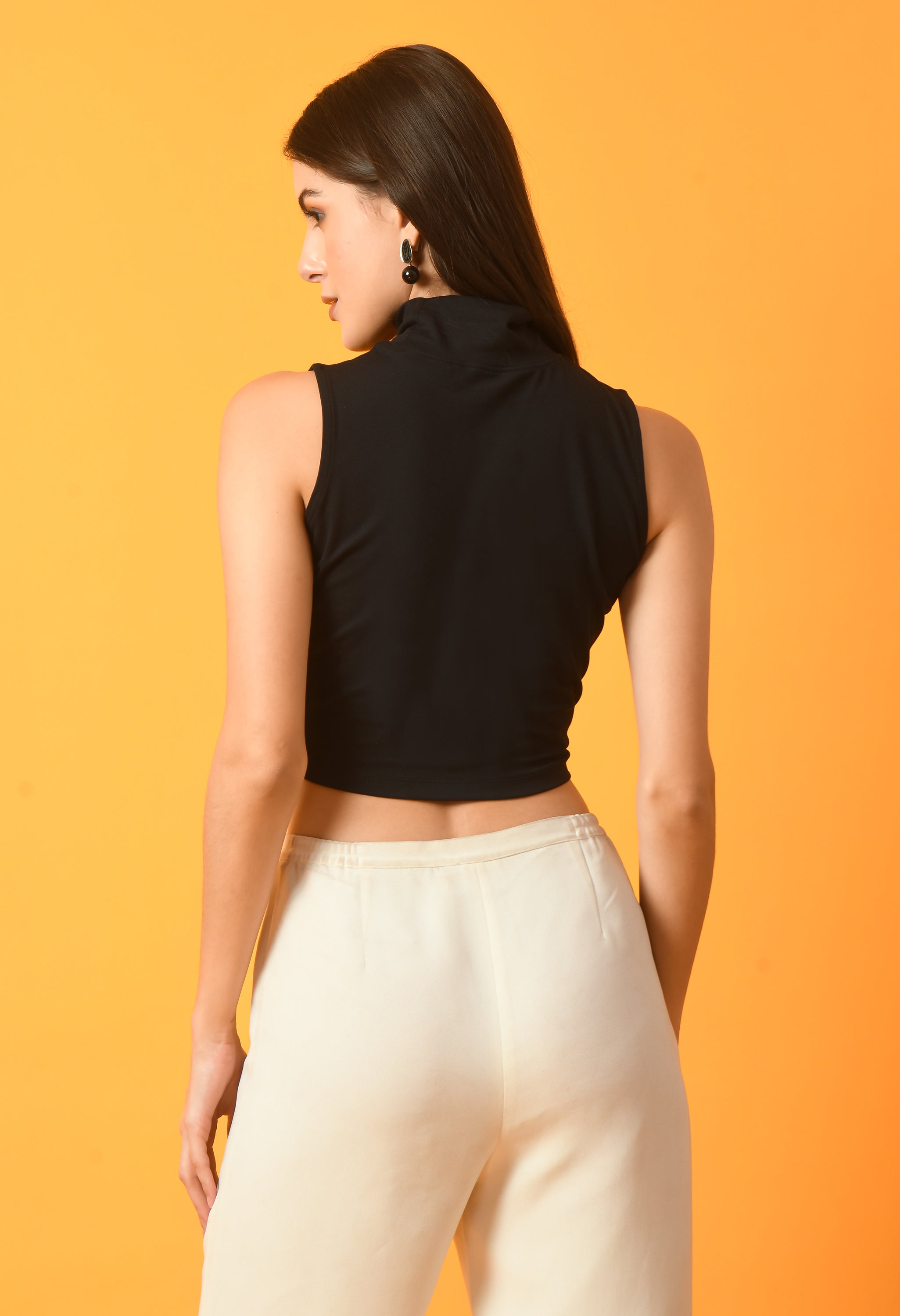 Women Solid White Ribbed Sleeveless Crop Top with a Turtle Neck