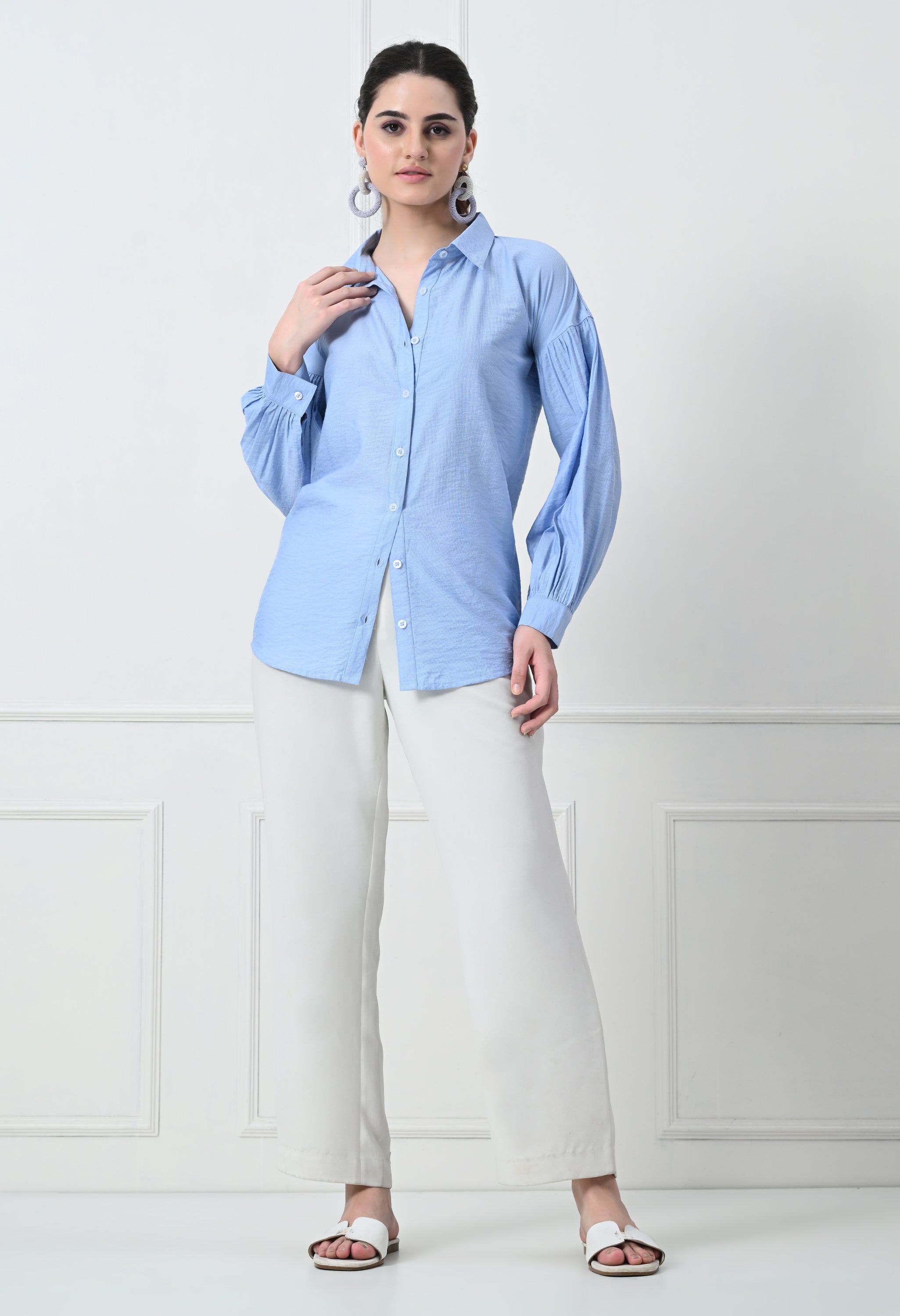 BLUE FORMAL PUFF  SLEEVE SHIRT