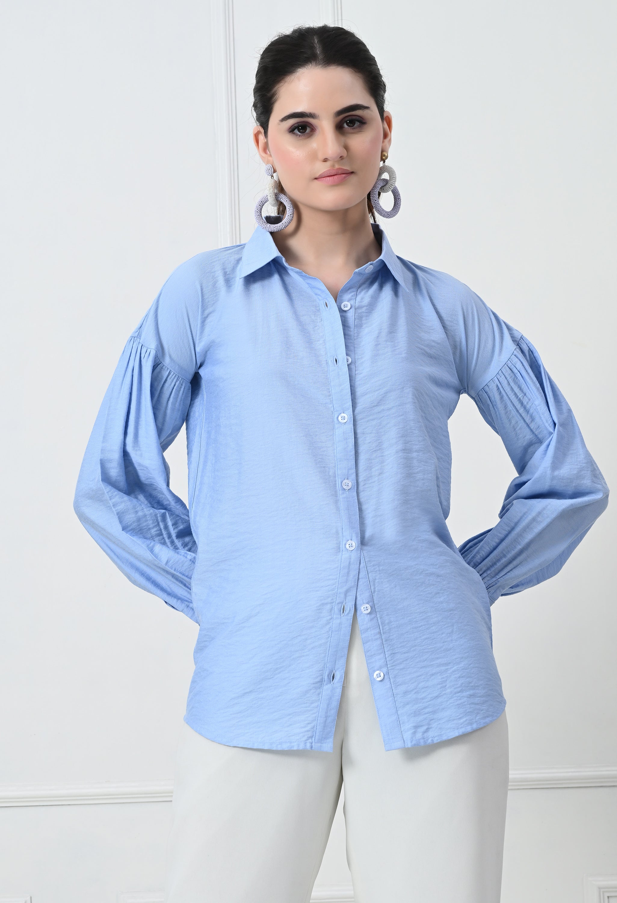 BLUE FORMAL PUFF  SLEEVE SHIRT