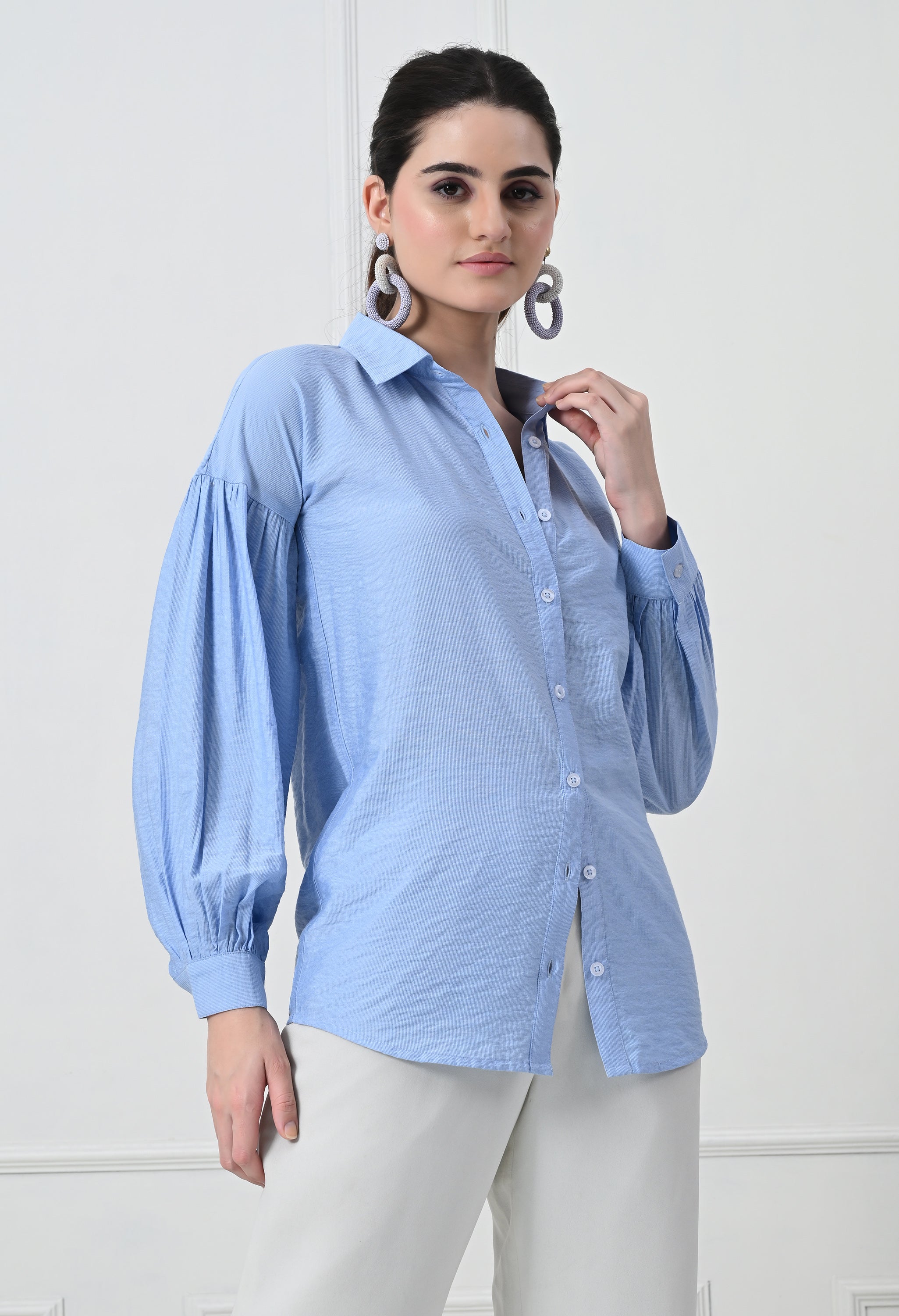 BLUE FORMAL PUFF  SLEEVE SHIRT