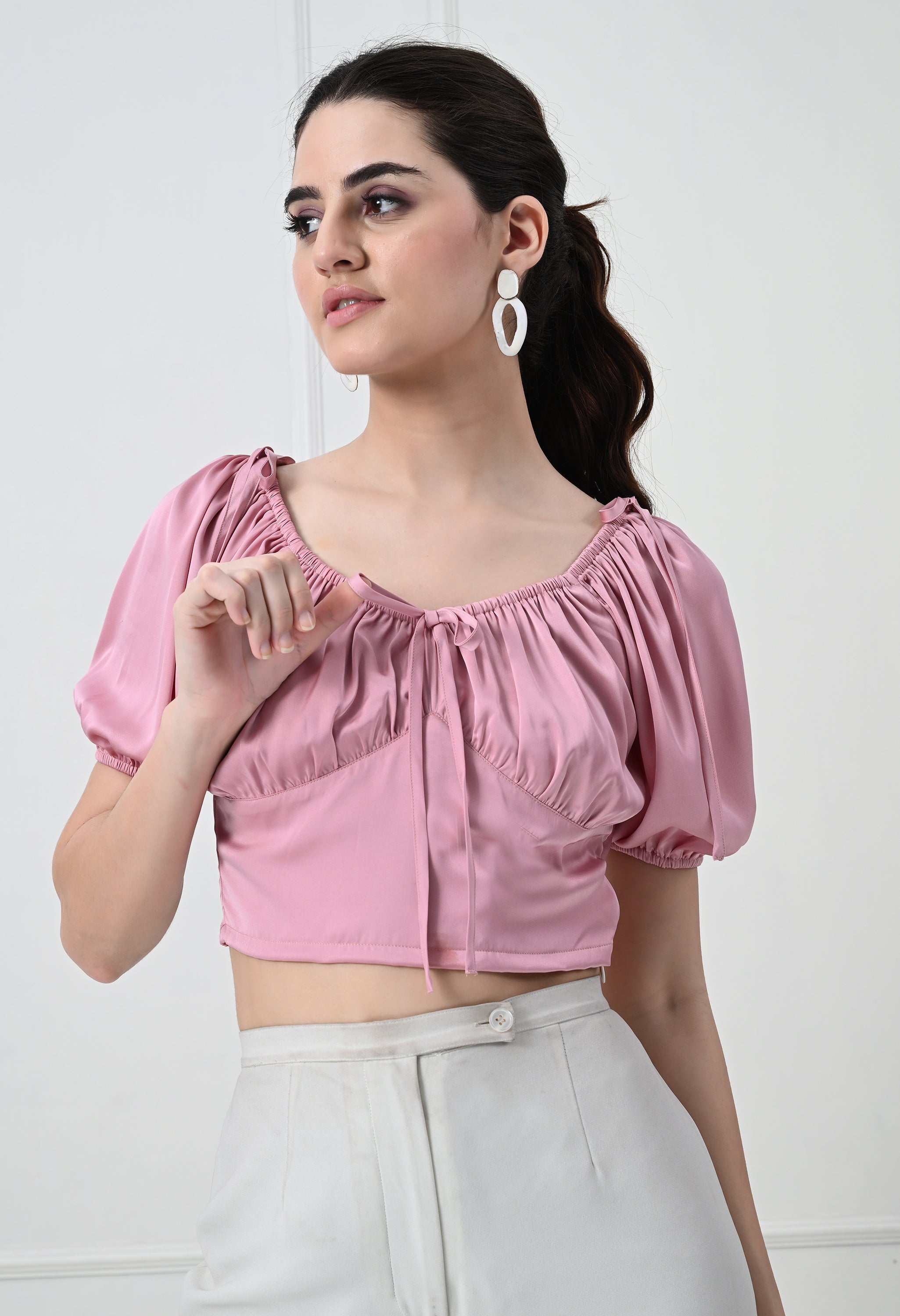 PINK PUFF SLEEVE CROP TOP