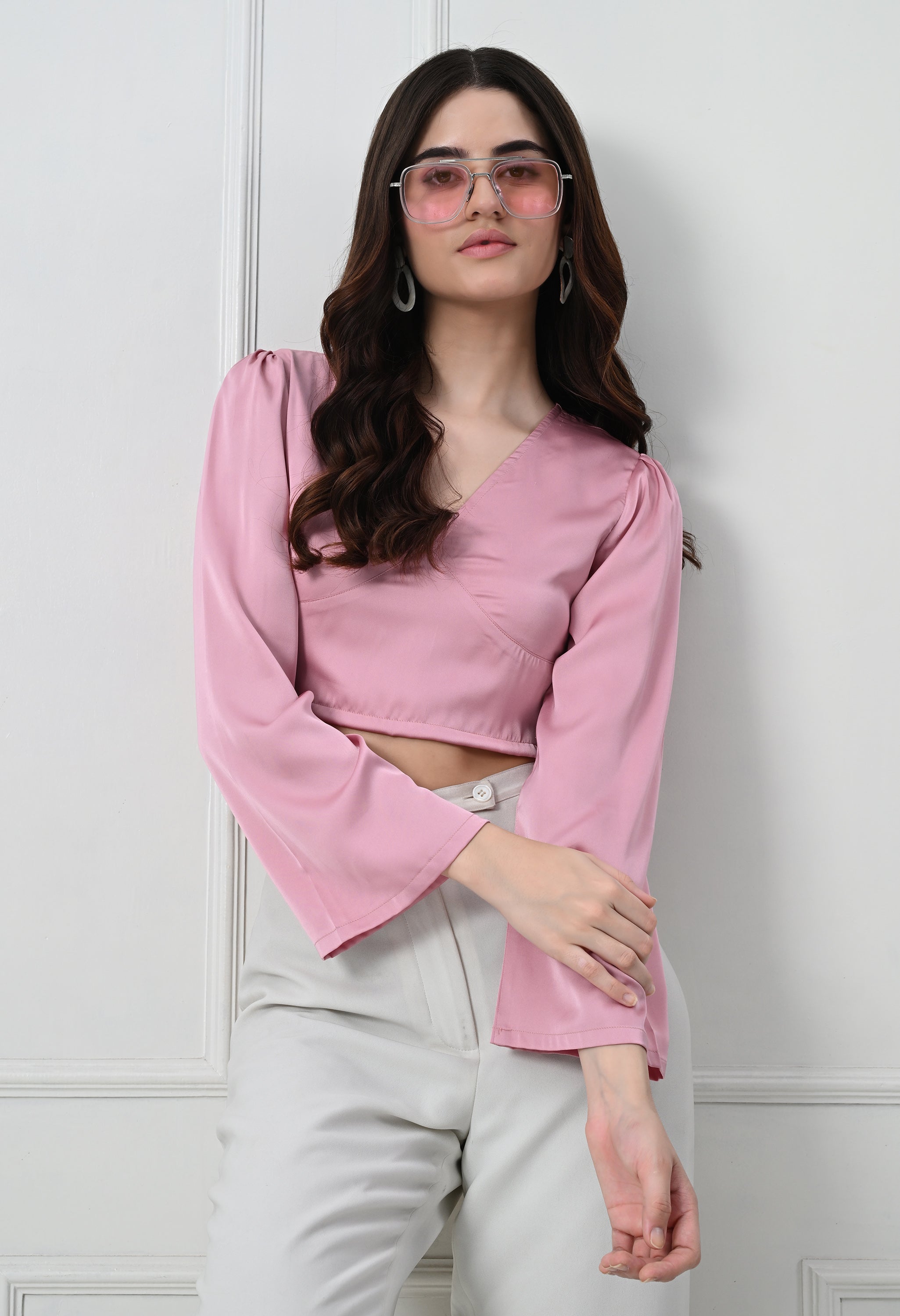 PINK BELL SLEEVE CROP TOP