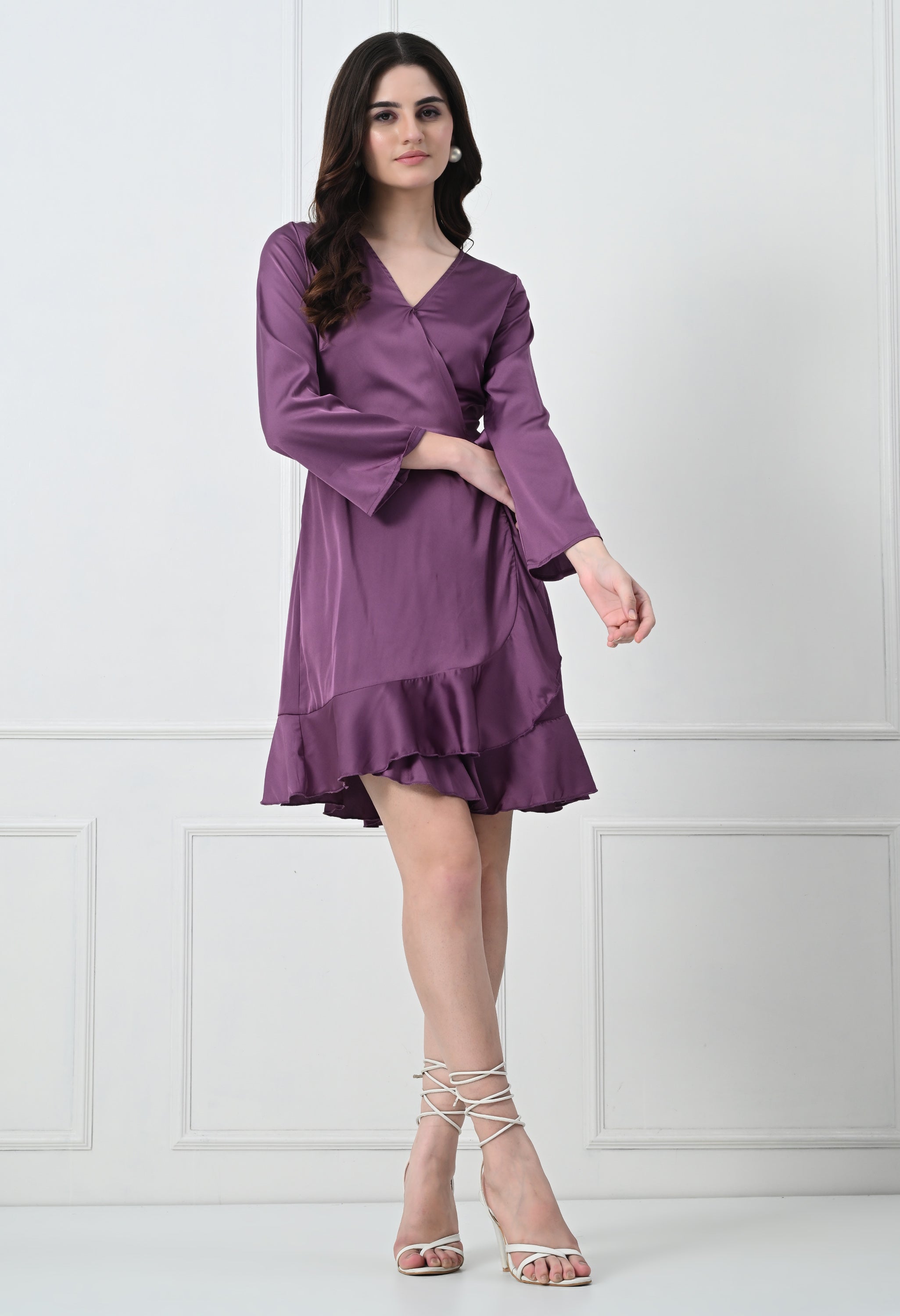 PURPLE WRAP FLOUNCE DRESS