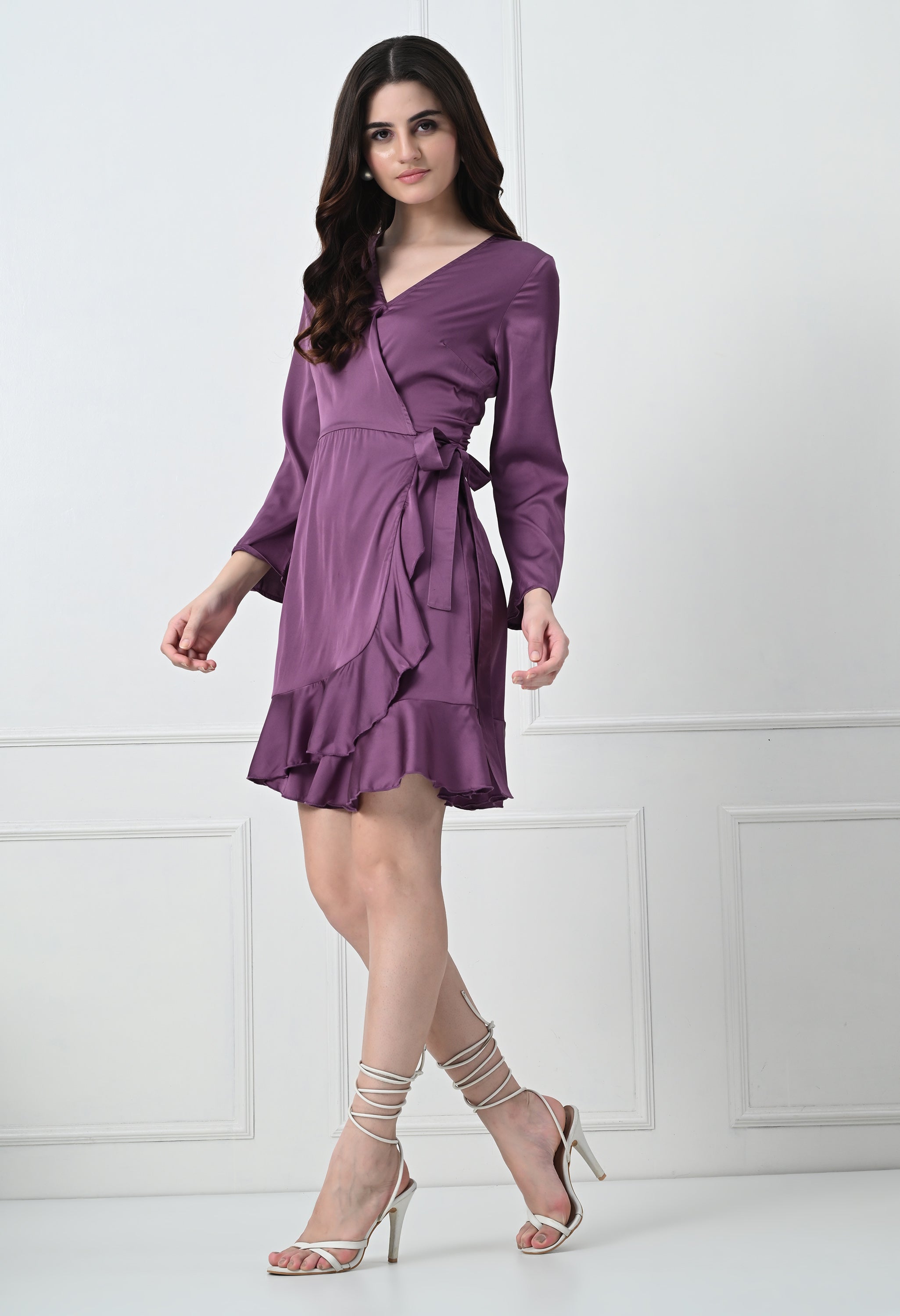 PURPLE WRAP FLOUNCE DRESS