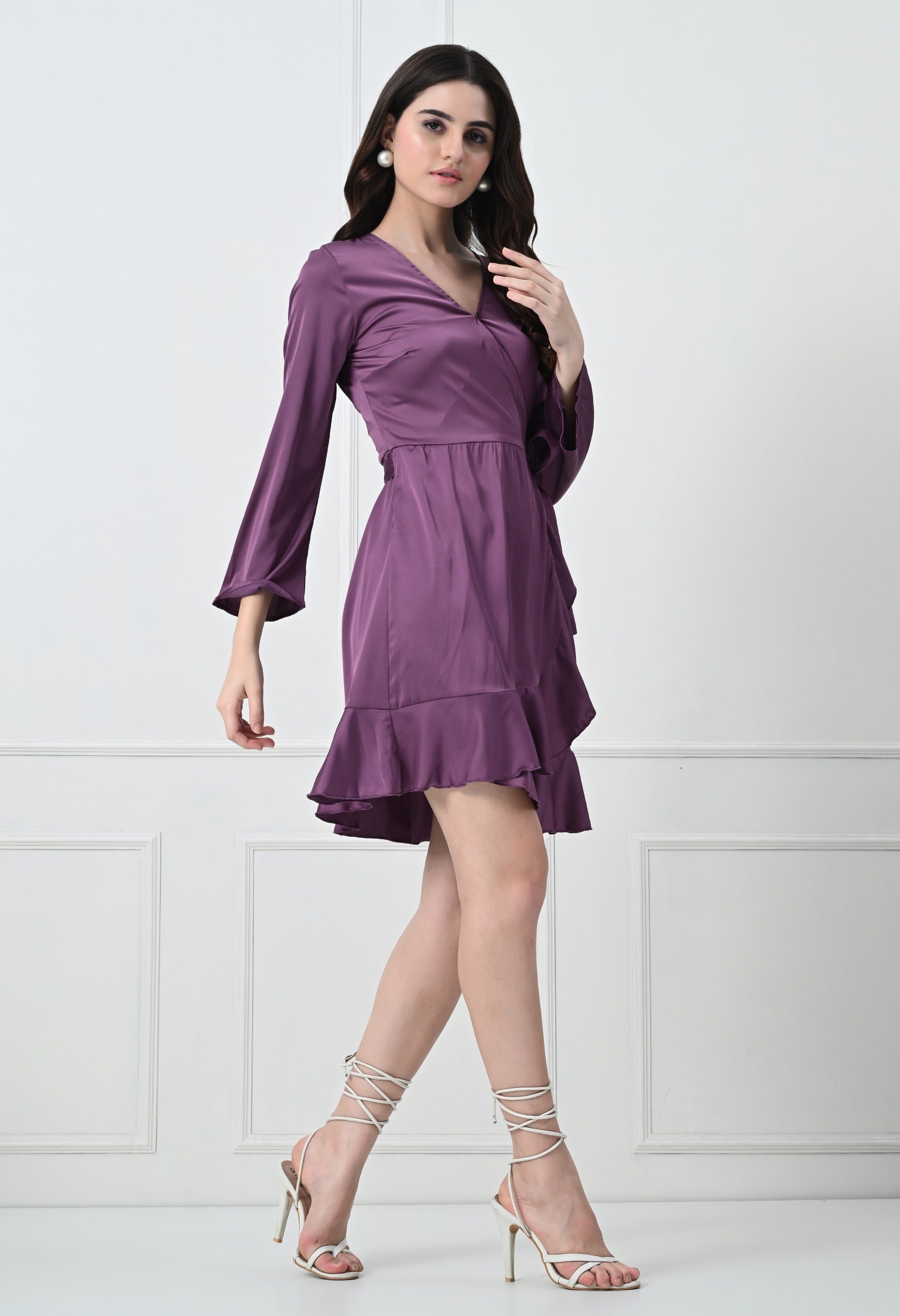 PURPLE WRAP FLOUNCE DRESS