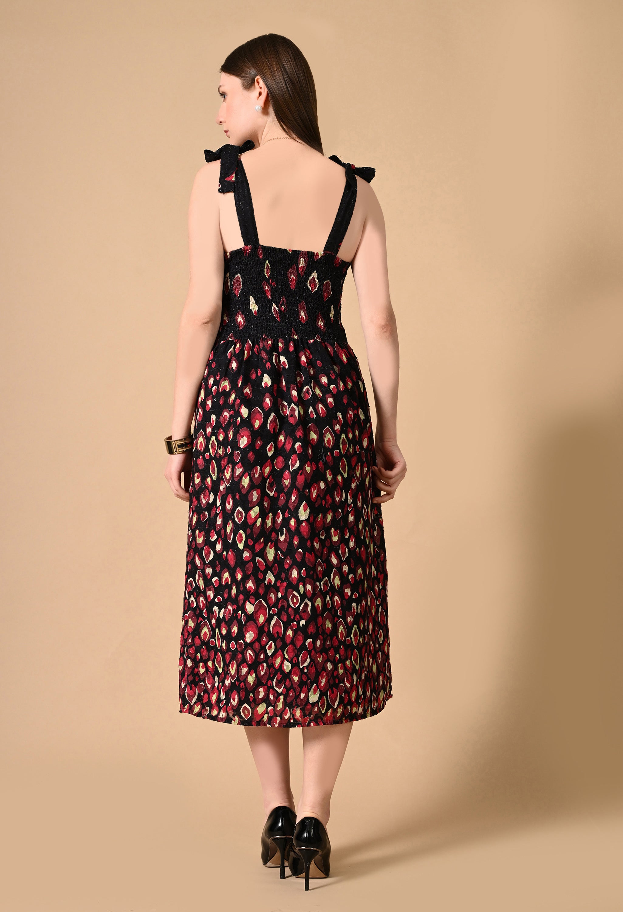 RADIANT RED PRINTED A-LINE MIDI DRESS