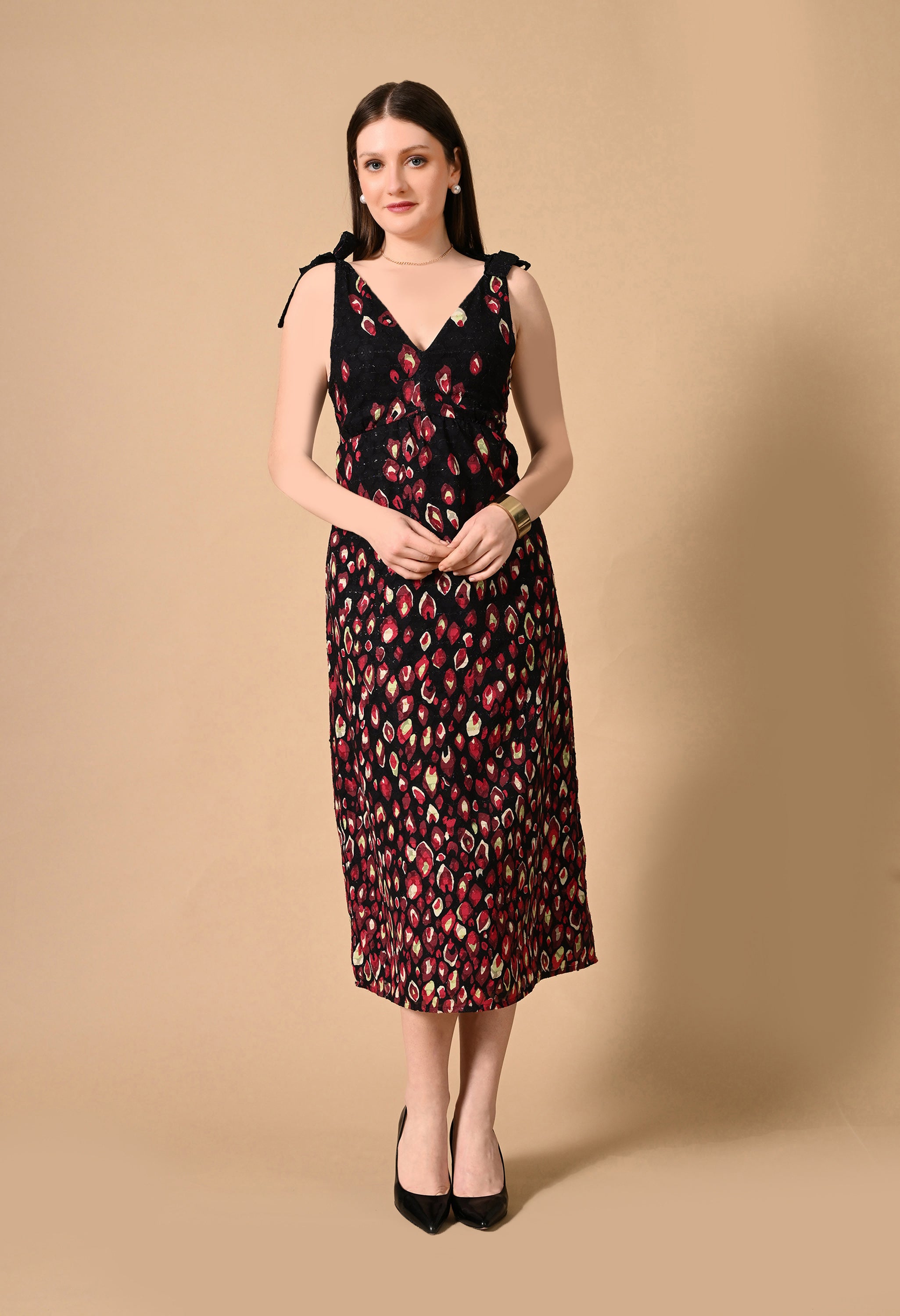 RADIANT RED PRINTED A-LINE MIDI DRESS