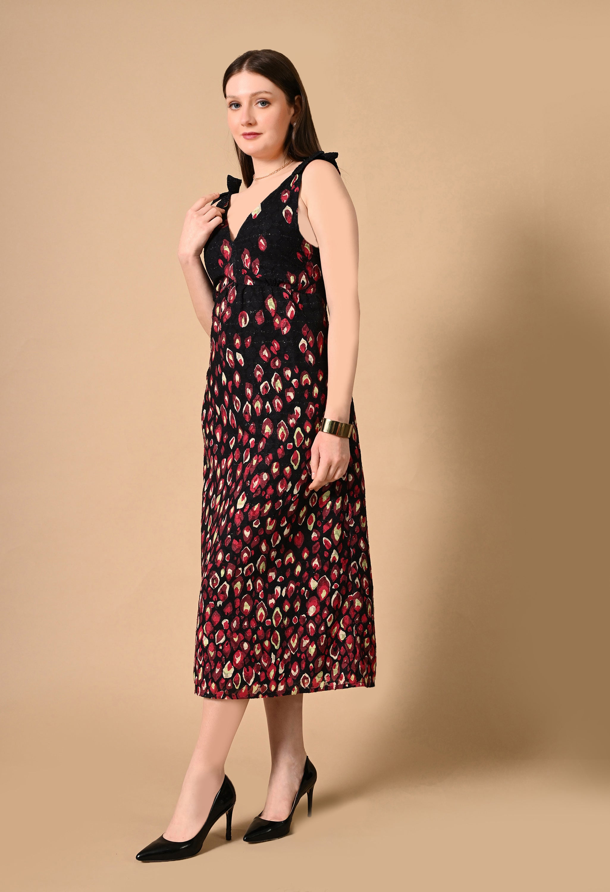 RADIANT RED PRINTED A-LINE MIDI DRESS