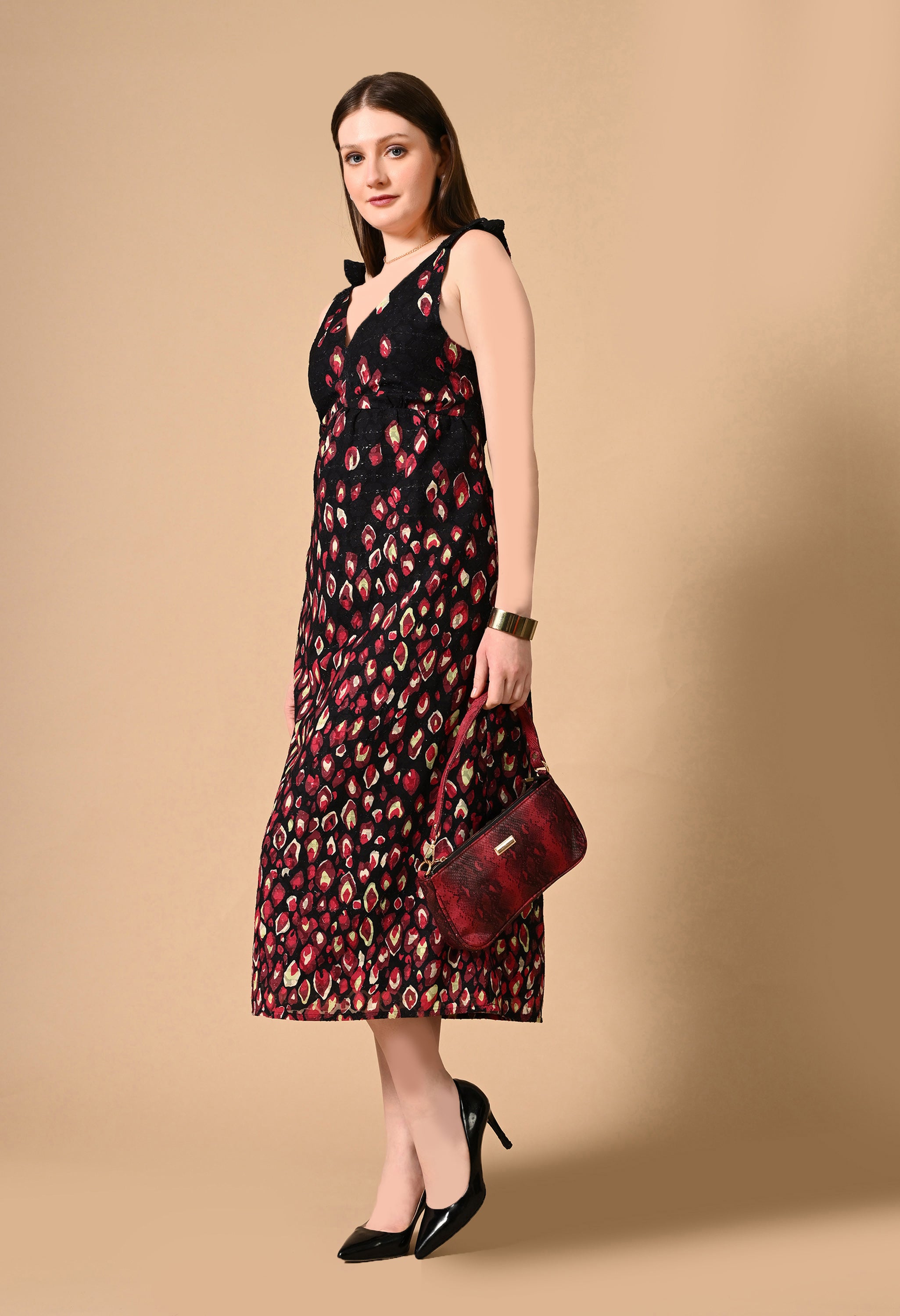 RADIANT RED PRINTED A-LINE MIDI DRESS