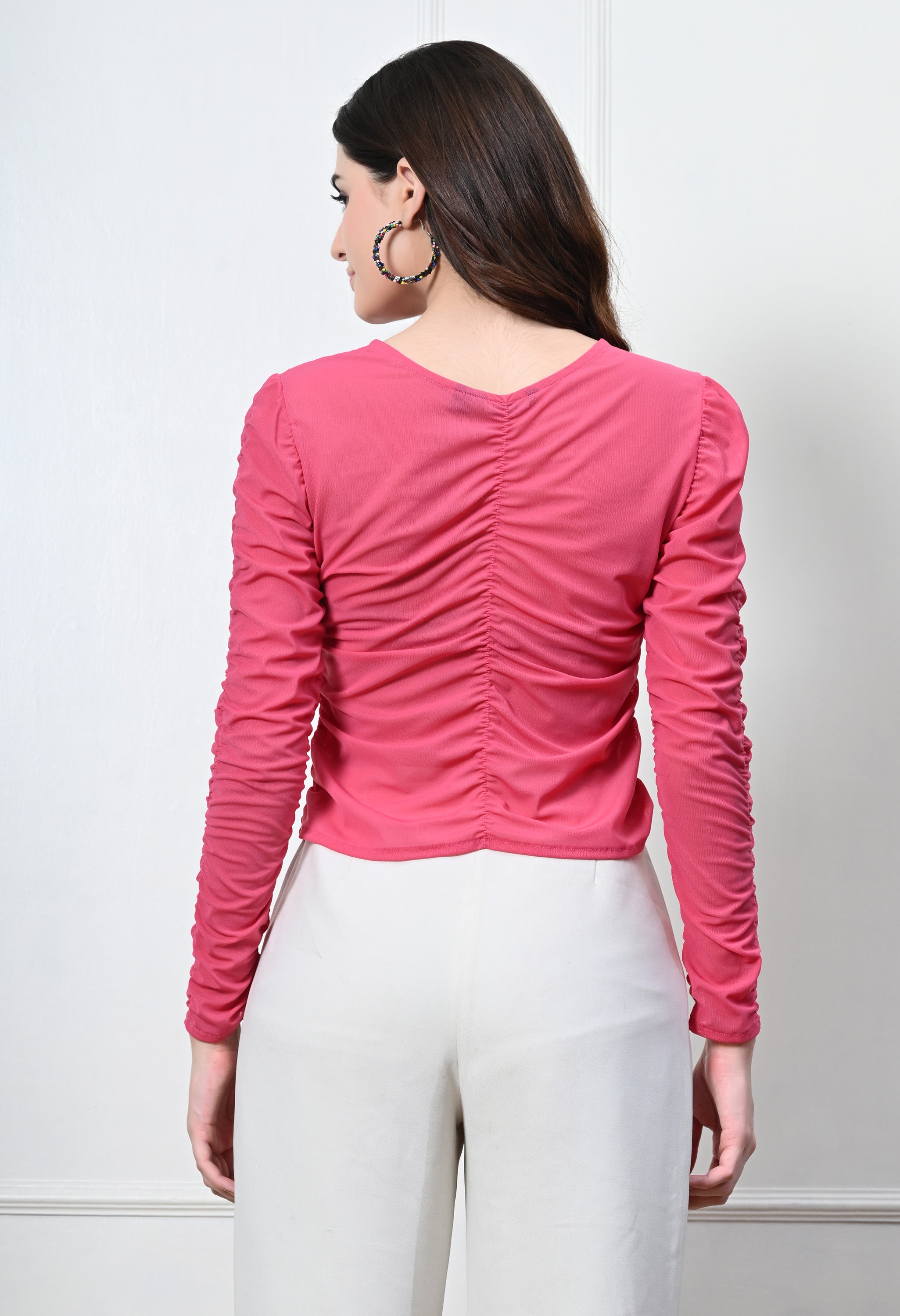 FUSCHIA RUCHED MESH TOP