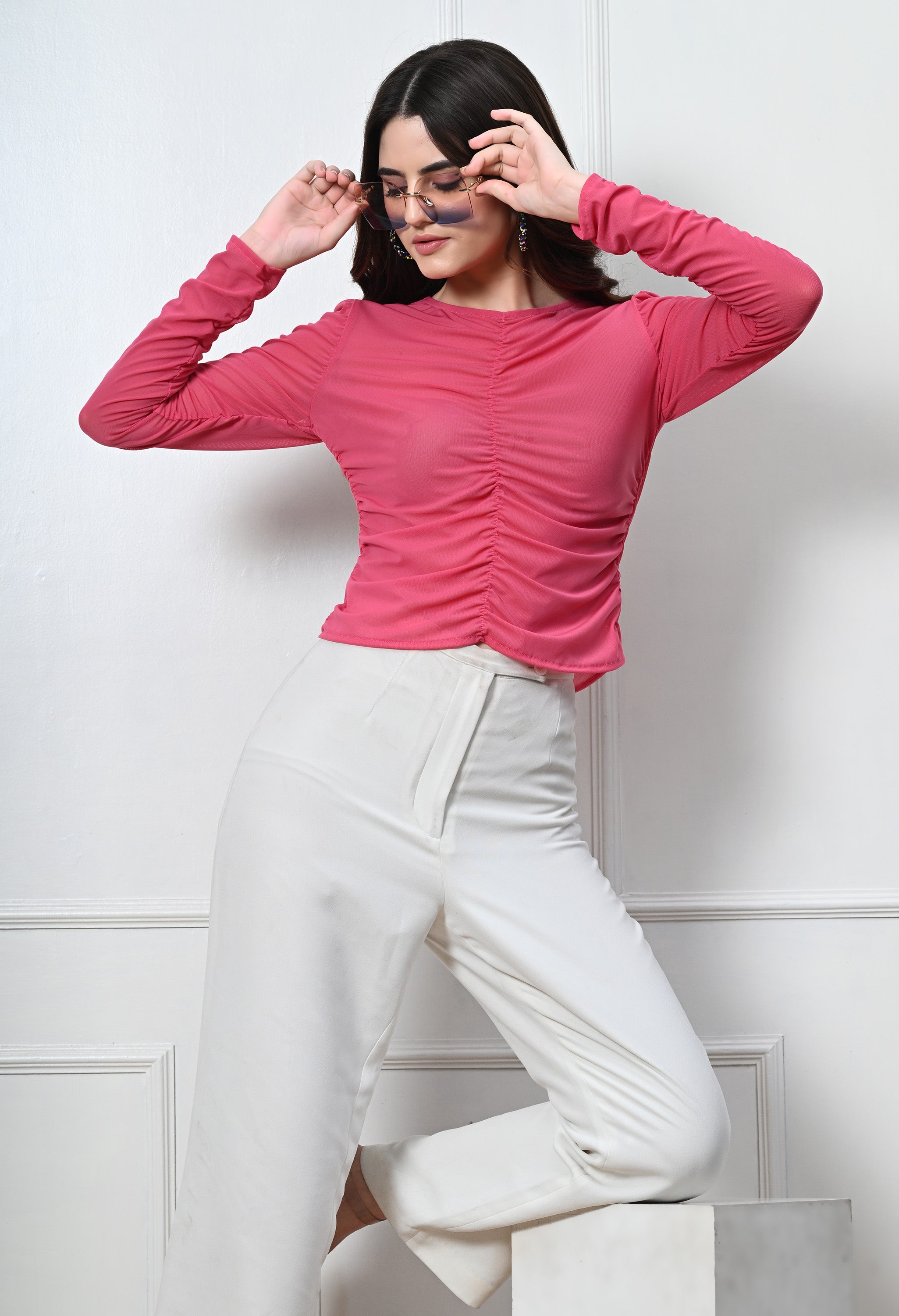 FUSCHIA RUCHED MESH TOP