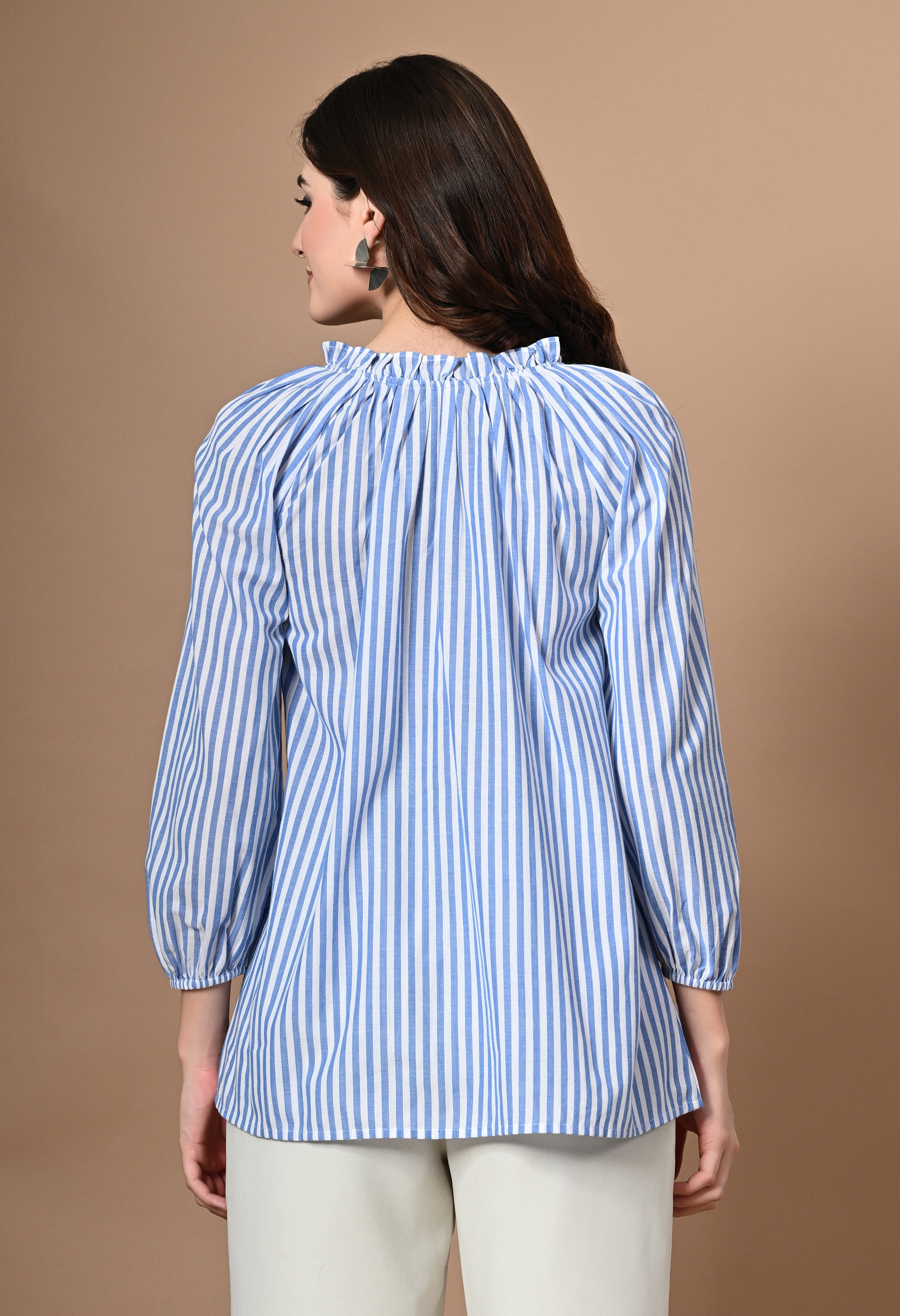 BLUE STRIPE TASSEL BLOUSE