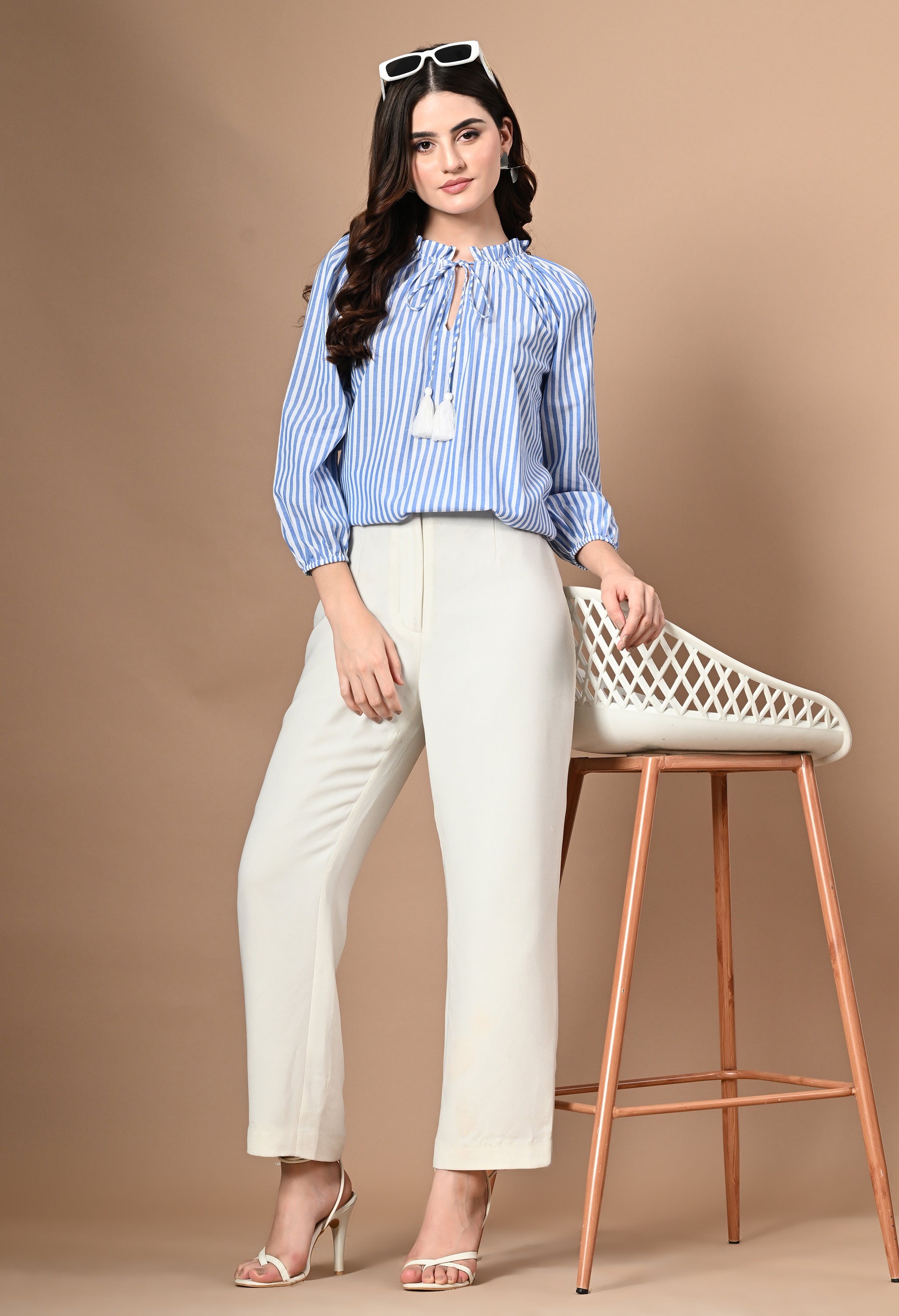 BLUE STRIPE TASSEL BLOUSE