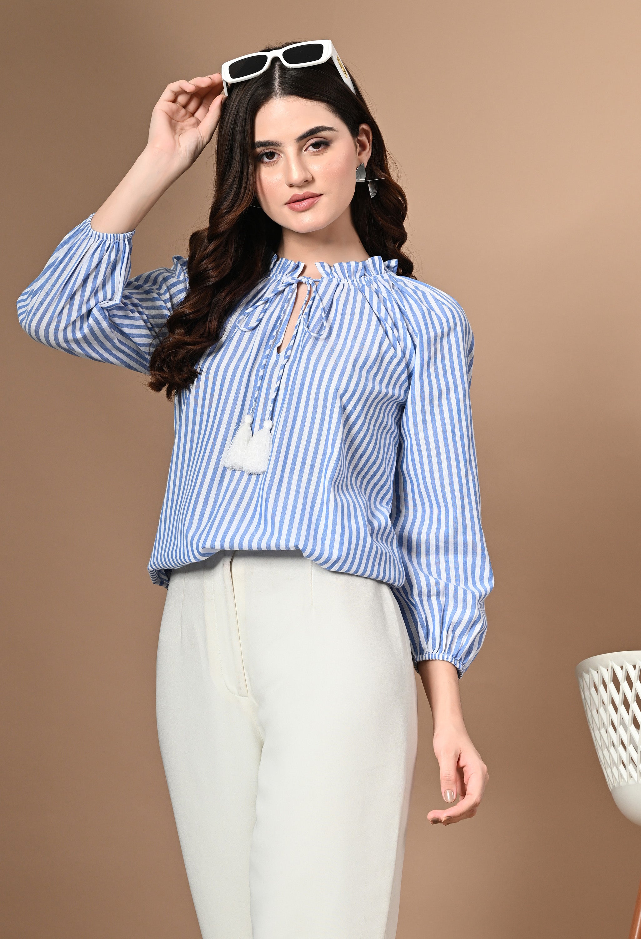 BLUE STRIPE TASSEL BLOUSE